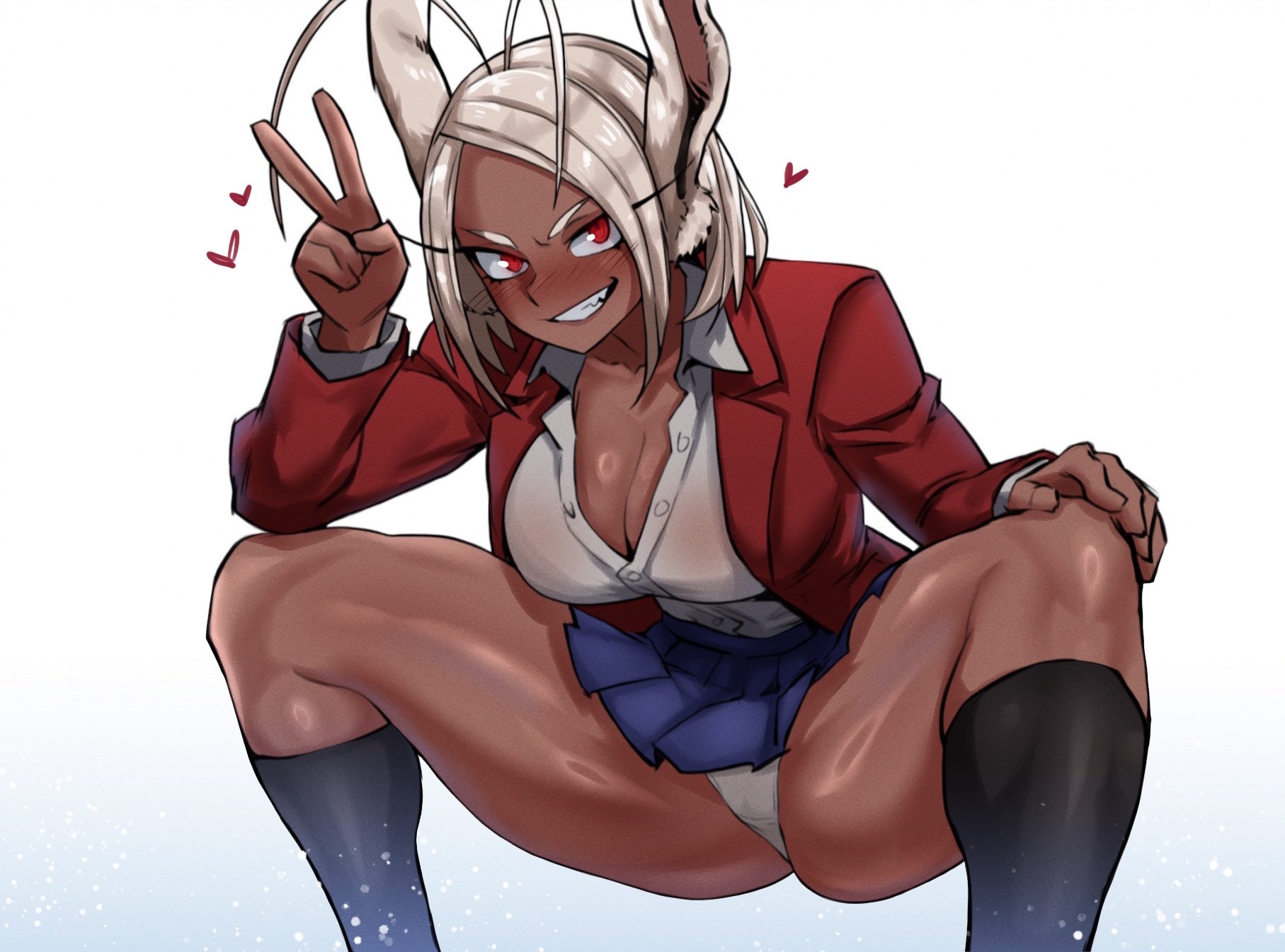 1girls, 2025, ahoge, animal ears, animal humanoid, ass, big breasts, blush, bra visible through clothes, breasts, busty, cleavage, clothed, clothed female, clothing, collaboration, cosplay, crouching, curvaceous, curvy, dark skin, dark-skinned female, deadcloud, feet out of frame, female, front view, fully clothed, gesture, grin, hair, hand on knee, heart, hearts around head, hi res, humanoid, kneehighs, kneesocks, large breasts, leaning forward, legs apart, looking at viewer, medium hair, miruko, muscular, muscular female, muscular legs, muscular thighs, my hero academia, open shirt, panties, pantyshot, parallaxfused, peace sign, pose, posing, rabbit ears, rabbit humanoid, red eyes, school uniform, simple background, skirt, smile, smiling, smiling at viewer, smirk, socks, solo, spread legs, squatting, teeth, thick thighs, thighs, uniform, upskirt, v, white background, white hair, white panties