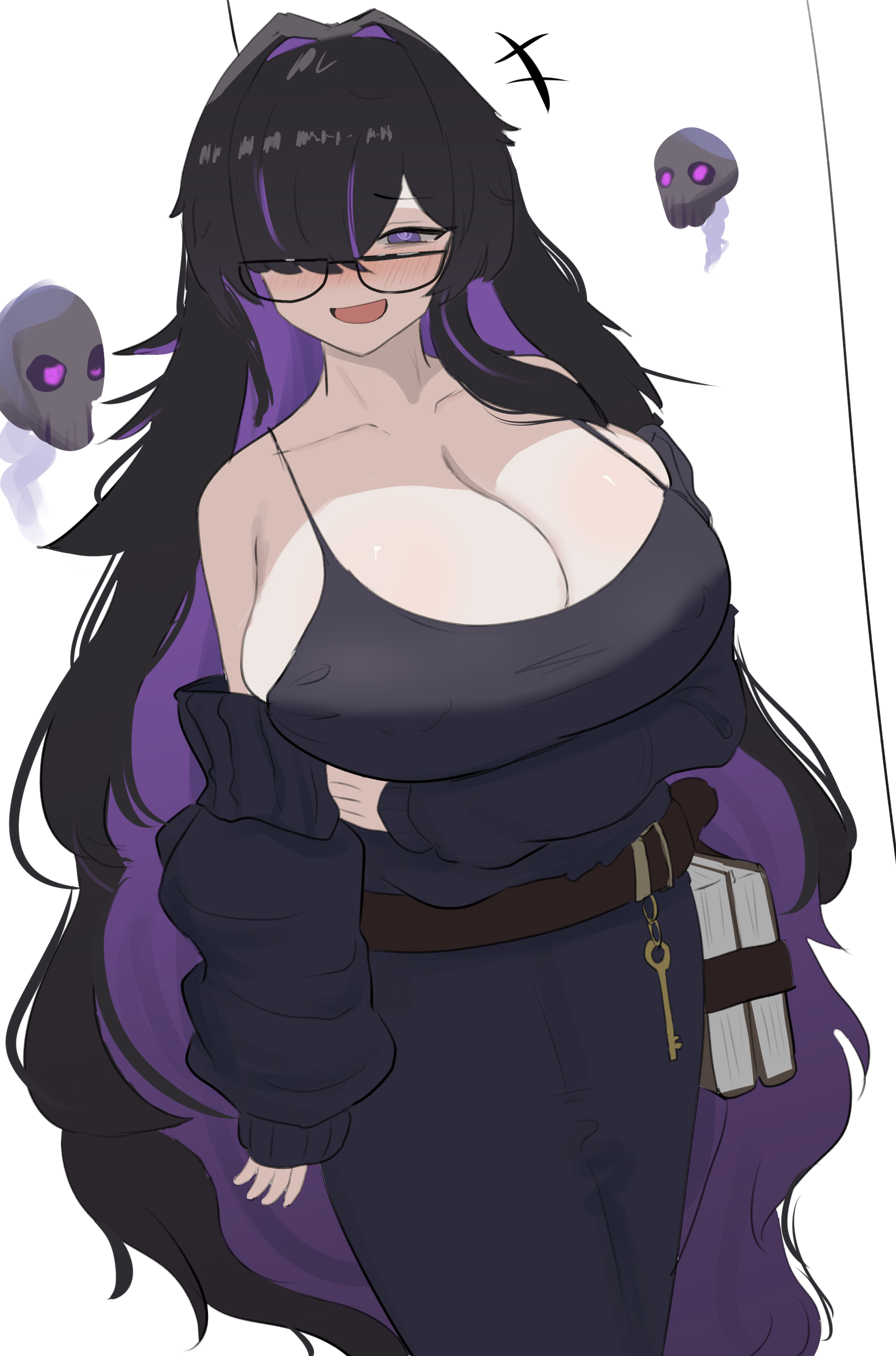 1girls, absurdres, black cardigan, black dress, black hair, blush, book, breasts, cardigan, cleavage, colored inner hair, dress, glasses, goddess of victory: nikke, hair over one eye, highres, huge breasts, key, label (nikke), long hair, multicolored hair, nykaani, open mouth, purple eyes, purple hair, skull, smile, solo, two-tone hair, very long hair, white background