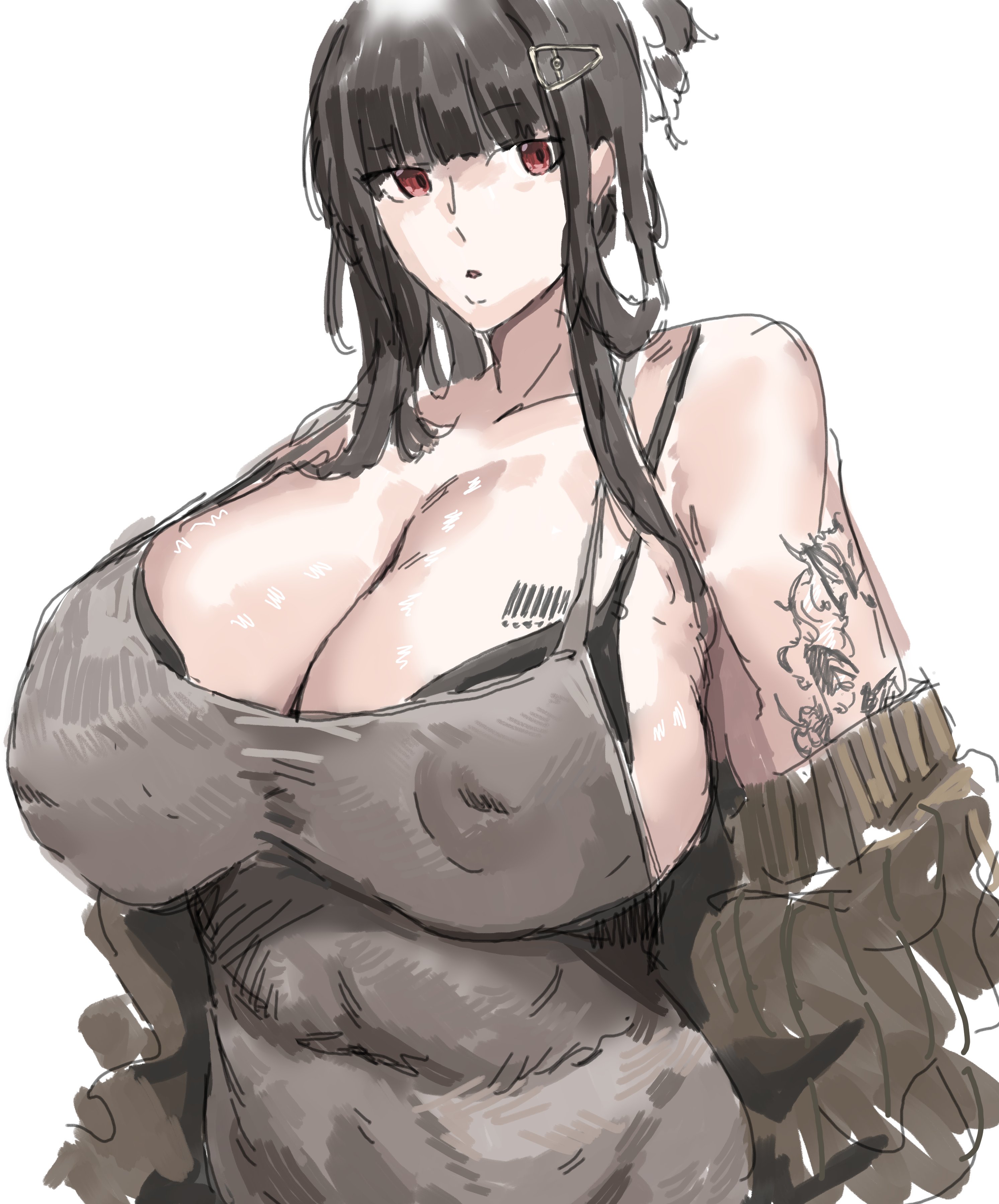 1girls, absurdres, alternate breast size (larger), barcode, barcode tattoo, bare shoulders, black bra, black dress, black hair, black nails, blunt bangs, bra, breast tattoo, breasts, brown sweater, butterfly, butterfly tattoo, cleavage, collarbone, covered navel, d (killer wife) (nikke), d (nikke), dongtan dress, dress, goddess of victory: nikke, heart, heart necklace, highres, huge breasts, jewelry, long hair, nail polish, necklace, off shoulder, official alternate costume, plump, red eyes, simple background, solo, sosakukanri, sweater, tattoo, underwear, upper body, white background