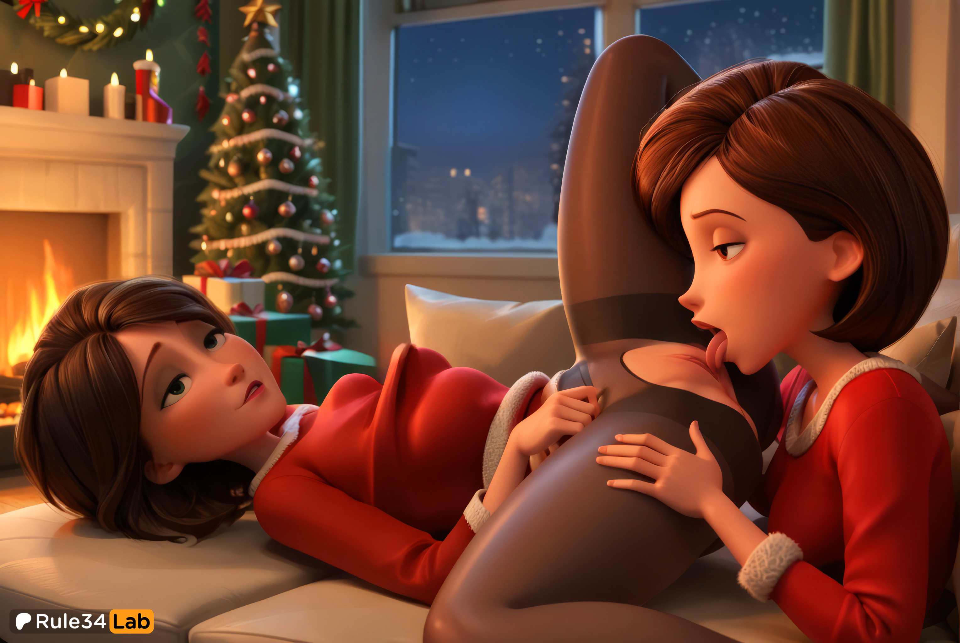 2girls, ai generated, aunt, aunt cass, bed, big hero 6, box, breasts, brown hair, cass hamada, christmas, christmas lights, christmas tree, cunnilingus, disney, elastigirl, female, female only, female pubic hair, fireplace, gift, gift box, helen parr, hi res, indoors, looking at another, lying, marvel, milf, multiple girls, night, oral, pantyhose, pillow, pixar, pubic hair, pussy, rule34lab, short hair, spread legs, the incredibles, the incredibles 2, tongue, tongue out, torn clothes, torn pantyhose, uncensored, window, yuri