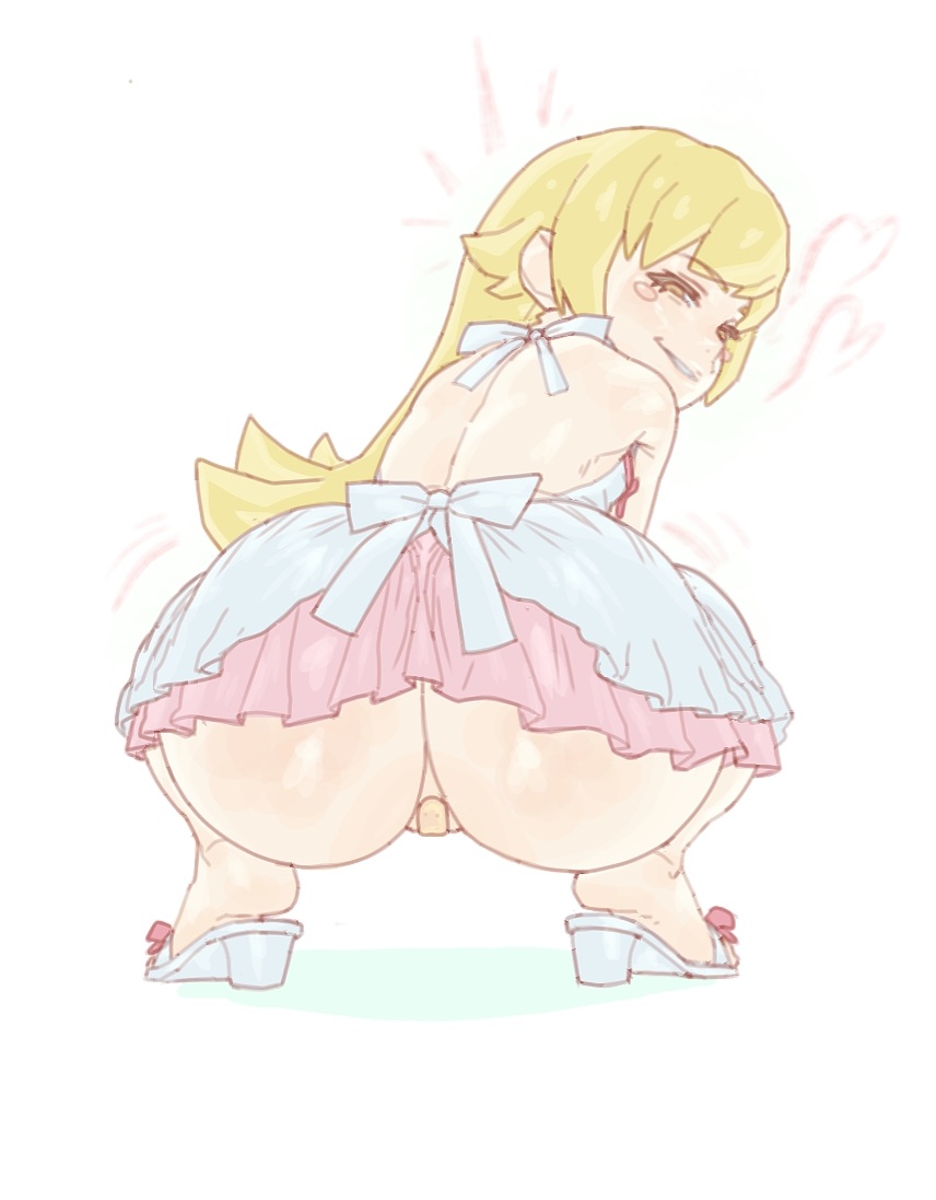 1girls, ass focus, big ass, blonde hair, bottom heavy, bubble butt, dress, female only, huge ass, looking at viewer, monogatari (series), oshino shinobu, planktiton, presenting ass, shortstack, small breasts, smug, squatting, upskirt, vampire