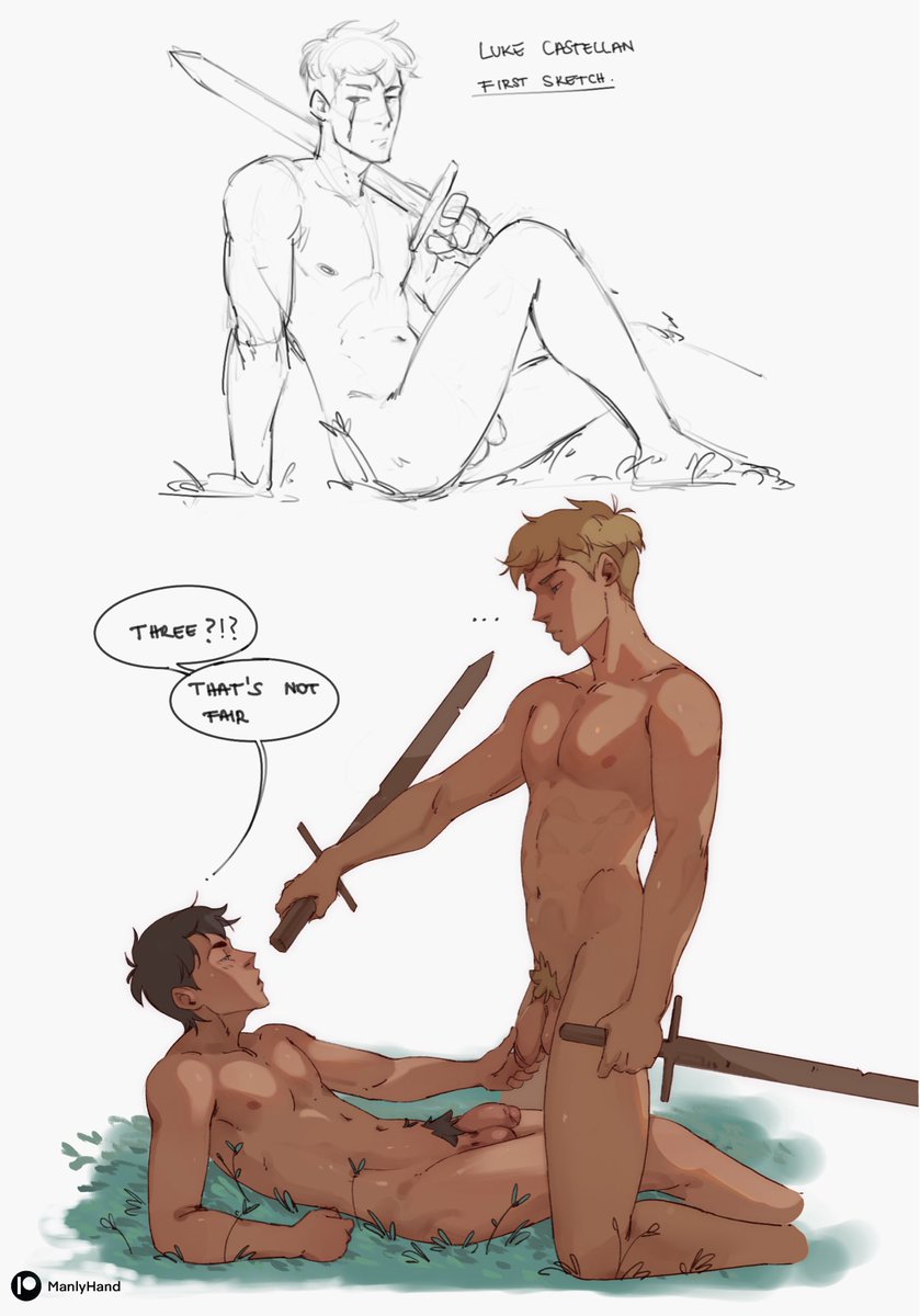 2boys, gay, grabbing penis, luke castellan, male only, manlyhand, naked, percy jackson, percy jackson and the olympians, scar, scar across eye, sword, yaoi
