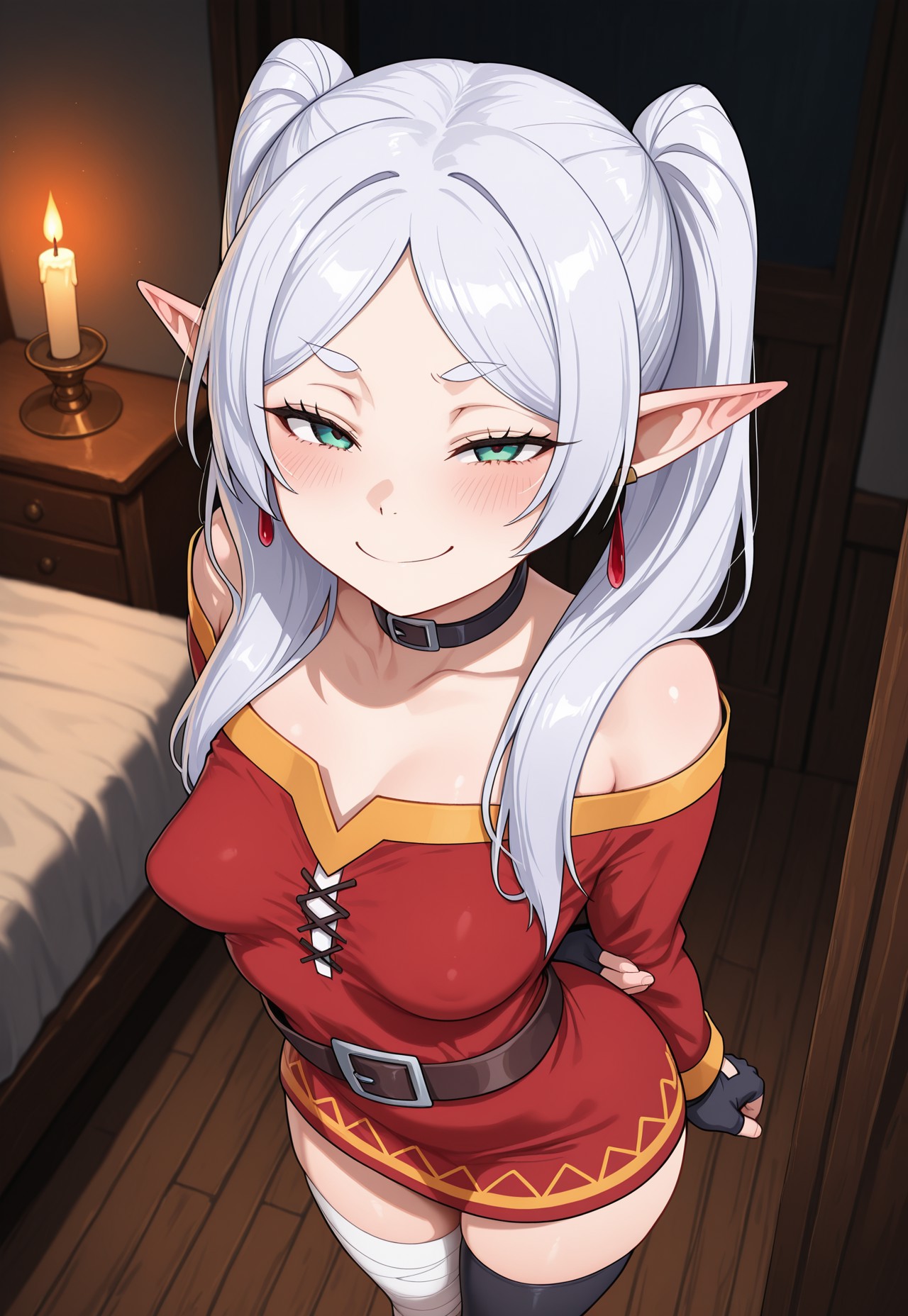 ai generated, bedroom, before sex, big smile, blush, candle, collar, cosplay, dark room, elf, frieren, from above, green eyes, grin, half-closed eyes, hands behind back, indoors, kono subarashii sekai ni shukufuku wo!, looking at viewer, megumin (cosplay), naughty face, nipples visible through clothing, perky breasts, pointy ears, silver hair, single thighhigh, small breasts, sousou no frieren, standing, twintails