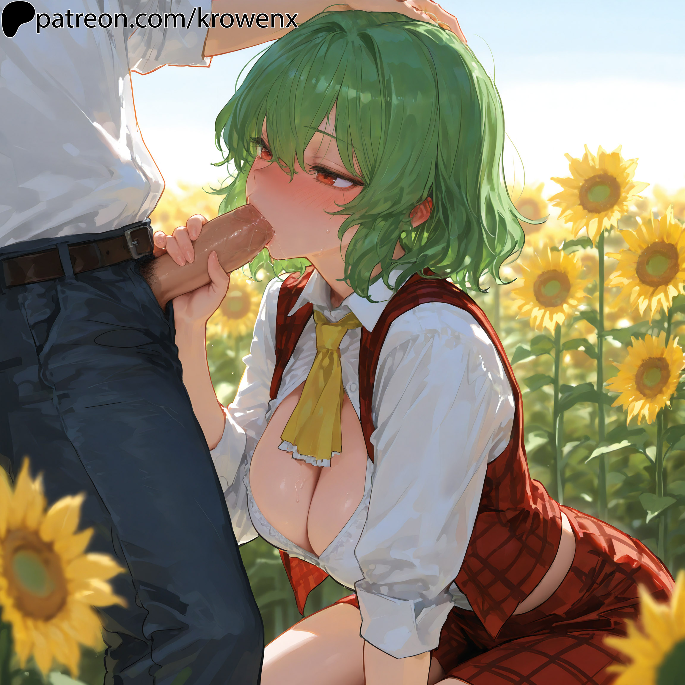 1boy1girl, 1girls, ai generated, big breasts, blowjob, blush, breasts, fellatio, female, female focus, green hair, hand on head, holding penis, kazami yuuka, kneeling, krowenx, male/female, oral, oral sex, outdoors, penis, penis in mouth, red eyes, short hair, sucking, sucking penis, sunflower, touhou, uncensored, yuuka kazami