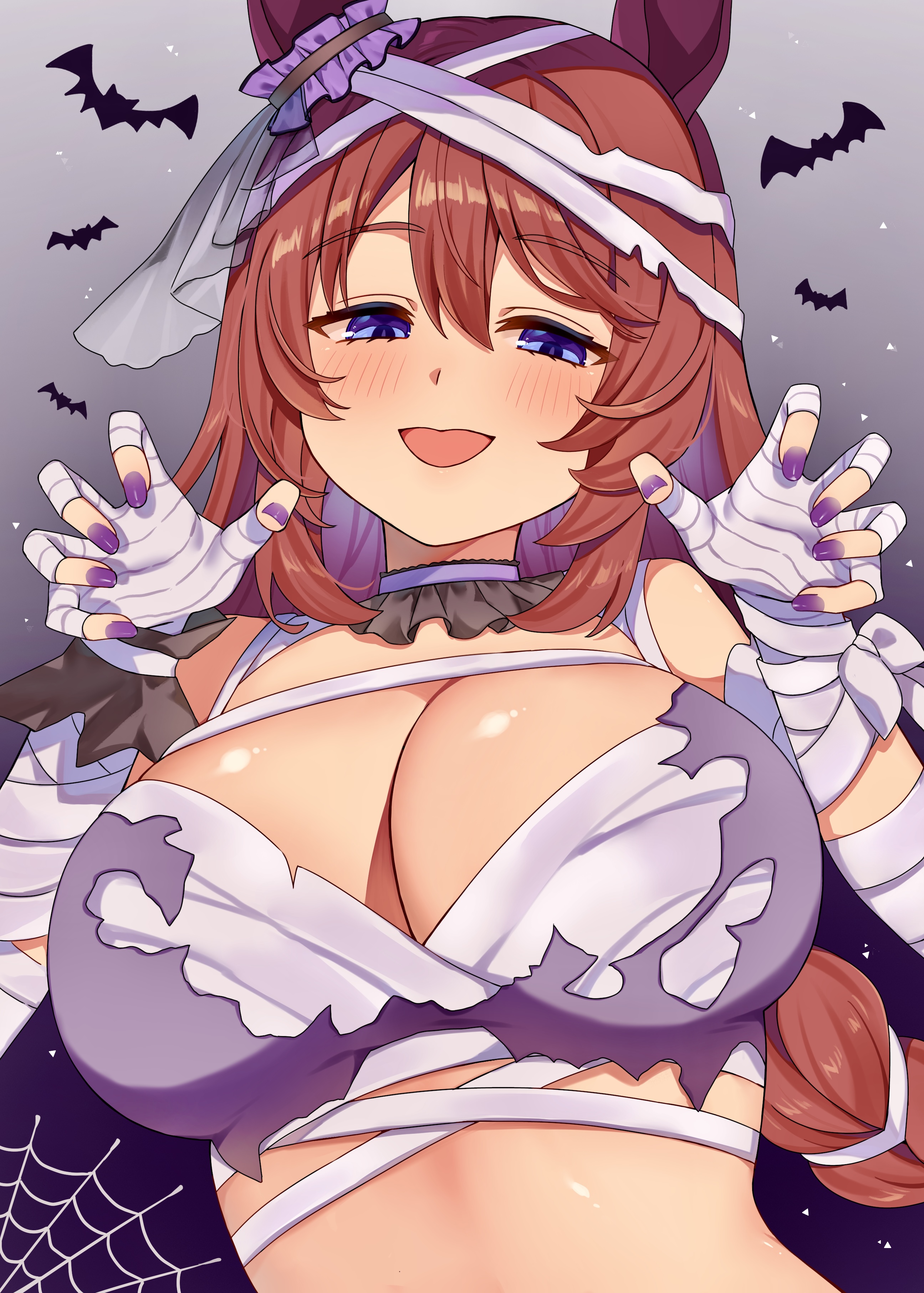 absurdres, animal ears, bandage on hair, bandaged arm, bandaged hand, bandaged head, bandages, bare shoulders, bat (animal), big breasts, blue eyes, blush, blush lines, blushing, braid, breasts, brown hair, chest sarashi, claw pose, cleavage, commentary request, cygames, ear scrunchie, female, fingernails, hair between eyes, halloween, halloween costume, hands up, highres, horse ears, horse girl, kaoru (h8qm9), large breasts, long hair, looking at viewer, low-braided long hair, low-tied long hair, nail polish, official alternate costume, open mouth, purple nails, sarashi, silk, smile, solo, spider web, super creek (chiffon-wrapped mummy) (umamusume), super creek (umamusume), torn bandages, torn bandeau, umamusume, umamusume pretty derby