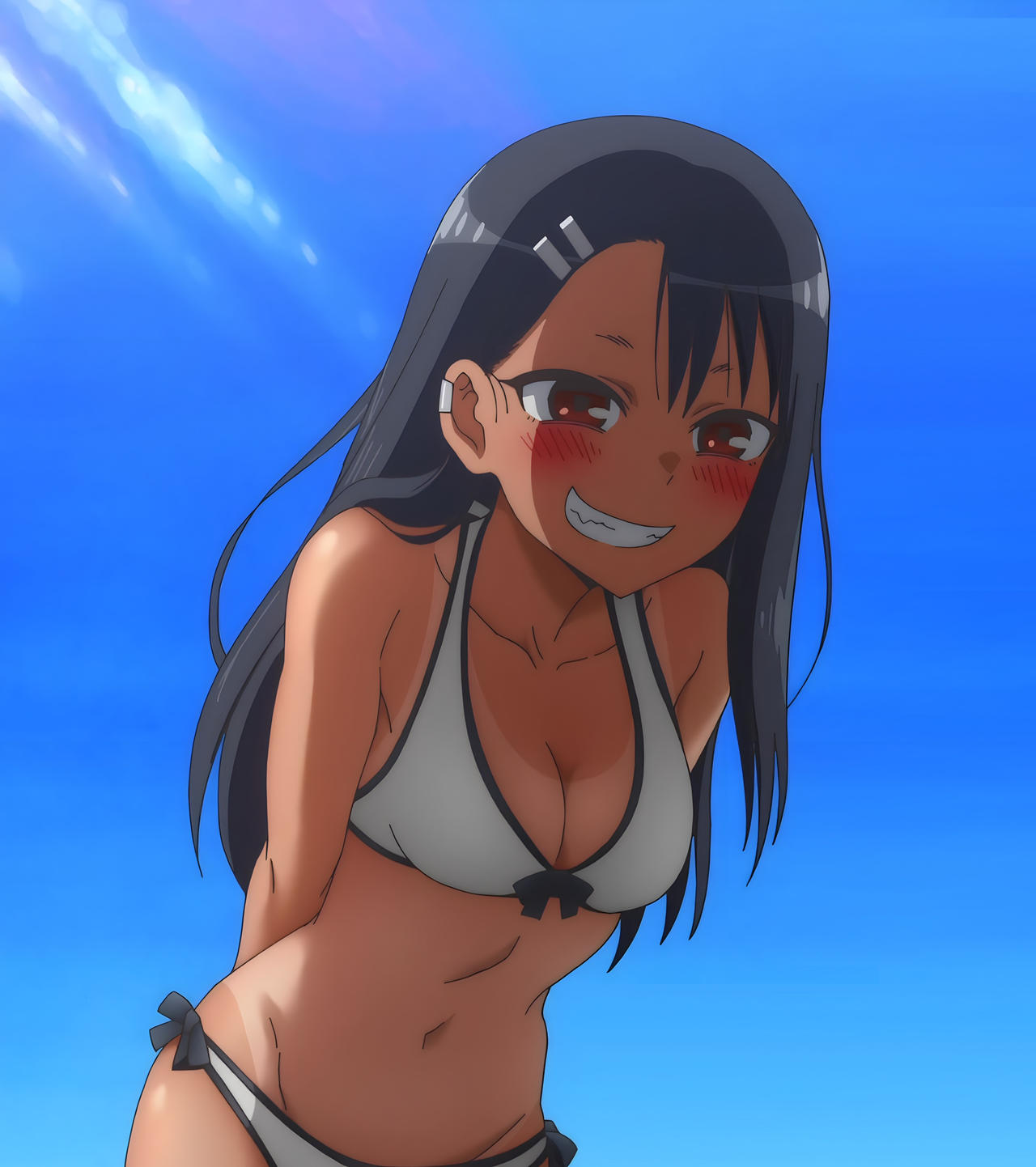 1girls, beach, beautiful, belly, belly button, bikini, blush, breasts, curvy, curvy body, curvy female, curvy figure, day, female, game, hayase nagatoro, imminent penetration, imminent sex, imminent vaginal, in love, long hair, medium breasts, official art, oiled, oiled body, oiled skin, olive skin, please don't bully me, nagatoro, sand, screencap, senpai, sky, smile, smiling, sun, tanned, tanned body, tanned female, tanned male, tanned skin