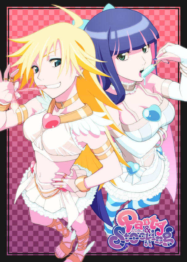 2girls, accurate art style, ahoge, bare shoulders, blonde hair, bow, breast hold, breasts, bridal gauntlets, choker, cleavage, condom, condom in mouth, dress, earrings, female, food, green eyes, hairbow, heart, jewelry, large breasts, long hair, midriff, mouth hold, multicolored hair, multiple females, multiple girls, navel, norizou, open toe shoes, panty & stocking with garterbelt, panty anarchy, popsicle, revision, ring, sandals, stocking anarchy, striped, striped legwear, thighhighs, two-tone hair, used condom, wings