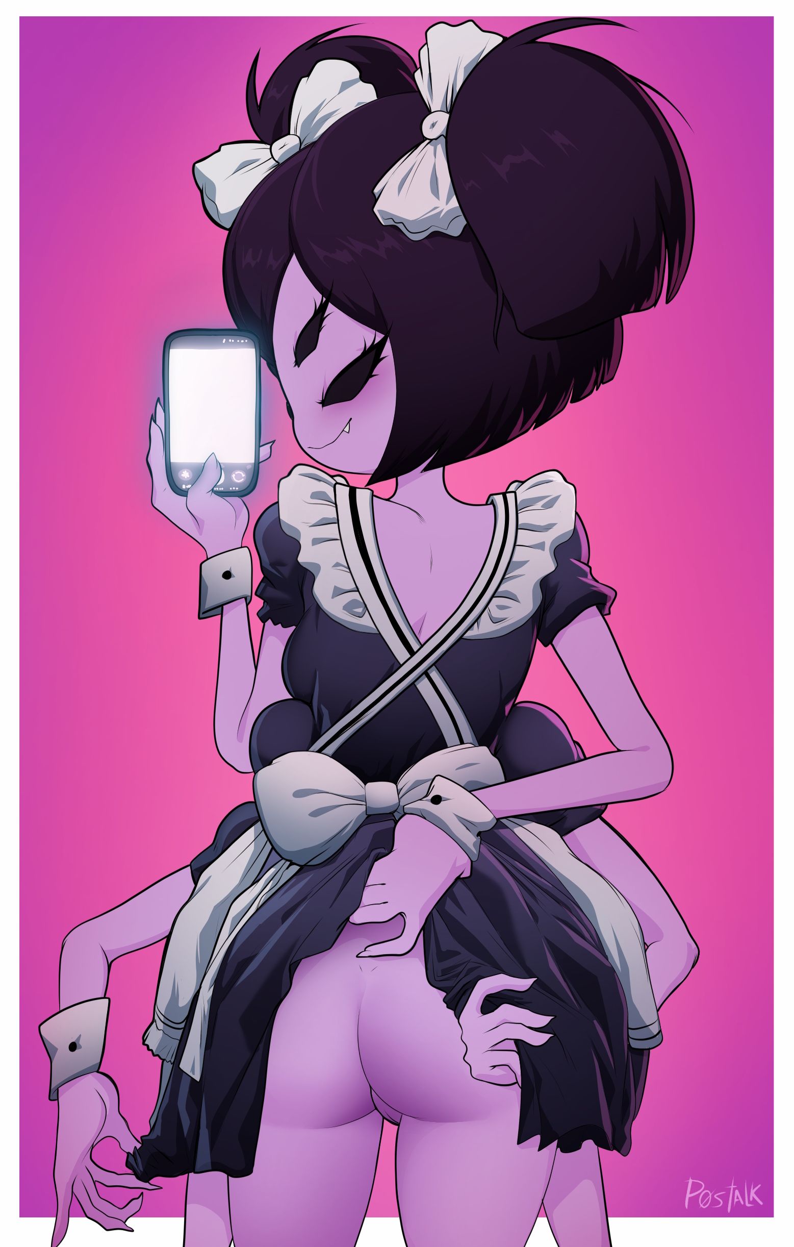 2026, anthro, ass, ass focus, doodle, female, female only, furry, hi res, maid, maid outfit, maid uniform, malicious smile, muffet, multiple arms, p0stalk, pussy, simple background, spider, undertale, undertale (series)
