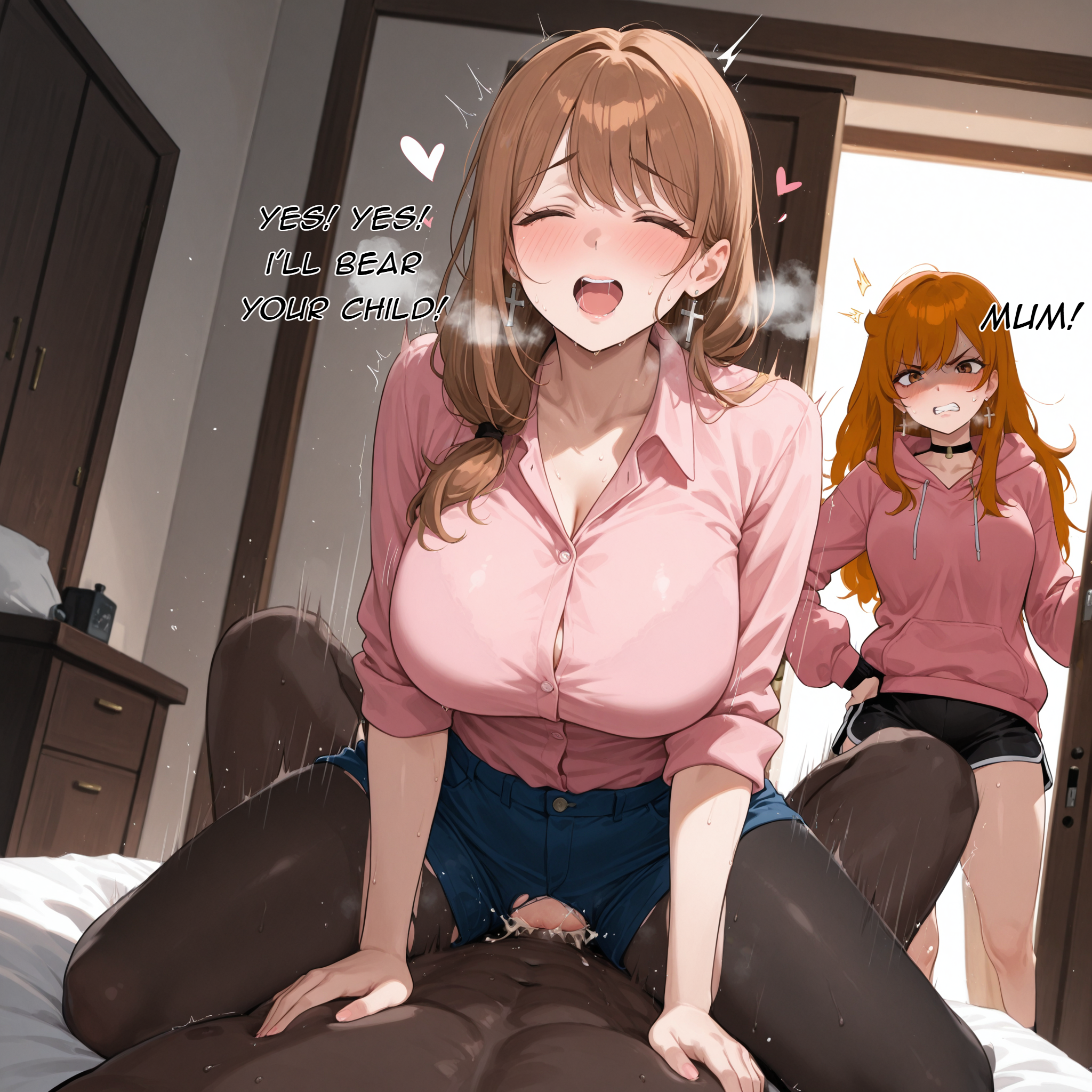 1boy, 2020s, 2025, 2d, 2girls, ai generated, angry, angry expression, angry face, angry female, bed, bedroom, being watched, black choker, black shorts, blue shorts, blush, breeding, brown eyes, brown hair, buttoned shirt, caught by daughter, caught in the act, clenched teeth, closed eyes, confederate-chan, cowgirl position, cross earrings, cucked by mother, cuckquean, cum, cum in pussy, cum inside, cumshot, cumshot in pussy, dark skin, dark-skinned male, daughter, dialogue, dolphin shorts, english text, enjoying, enjoying sex, female, fucked into submission, hand on another's chest, hearts around head, huffing, in heat, indoor, indoors, indoors sex, interracial, interracial sex, laying on back, laying on bed, light skin, light-skinned female, long hair, male, male pov, male/female, mature female, moaning, moaning in pleasure, mother, mother and daughter, movement lines, open mouth, original, original character, penis in pussy, penis in vagina, pink hoodie, pink shirt, pov, pov male, pov sex, raceplay, racism, racist, racist woman, raised eyebrows, sex, shaded face, soldatnr444, straight, text, tights, v-shaped eyebrows, vagina, vaginal penetration, vaginal sex