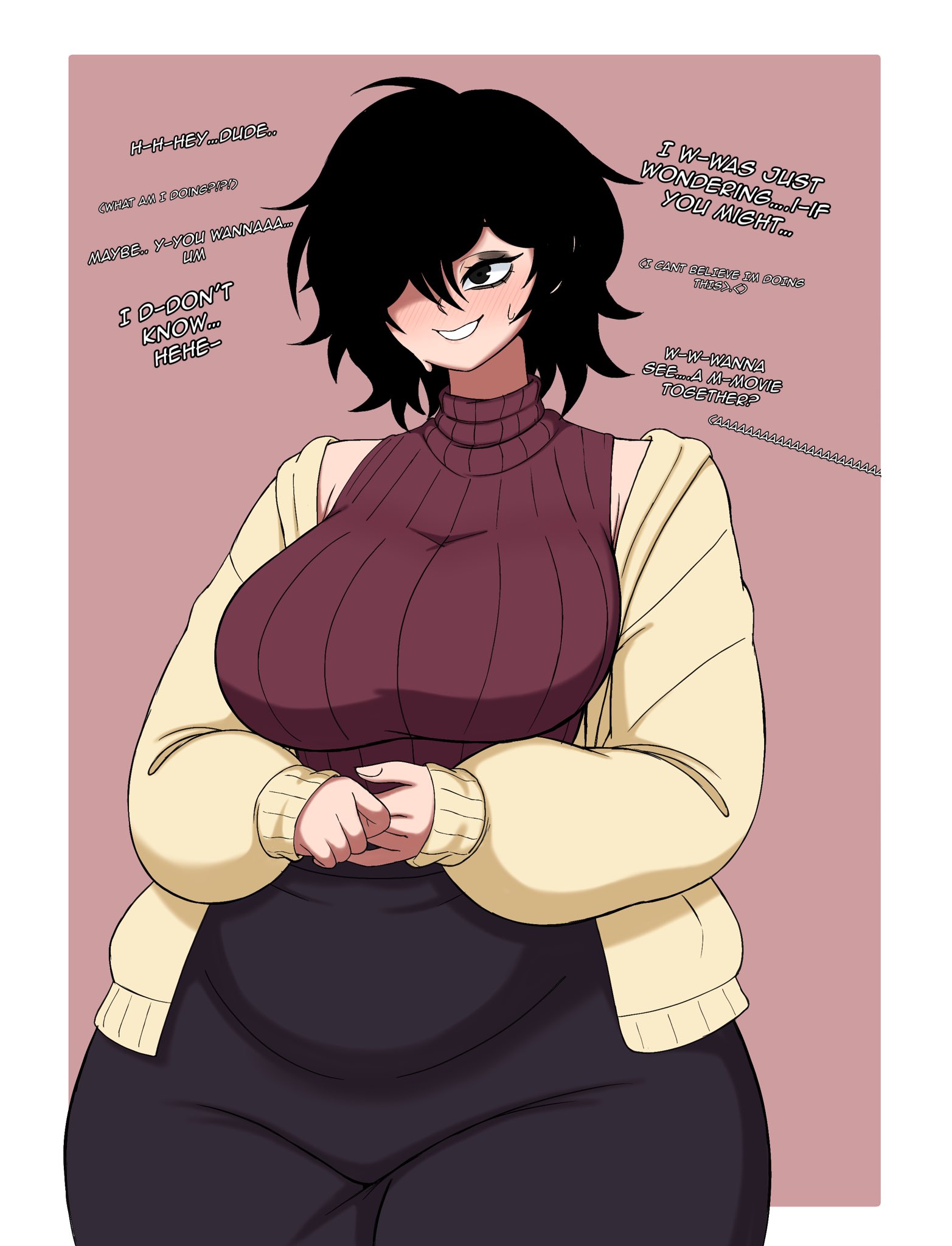 1girls, 2020s, 2025, 2025s, big breasts, black hair, breasts, color, digital drawing (artwork), digital media (artwork), english text, fair skin, fair skinned female, fair-skinned female, fair-skinned female body, female, female focus, female only, fupa, hair covering eye, hair covering one eye, hair over one eye, jpg, original, red sweater, shy, shy expression, shy female, shy smile, skirt, slightly chubby, slightly chubby female, solo, solo female, solo focus, stronkbonk, sweater, sweater puppies, text, twitter link, wide hips