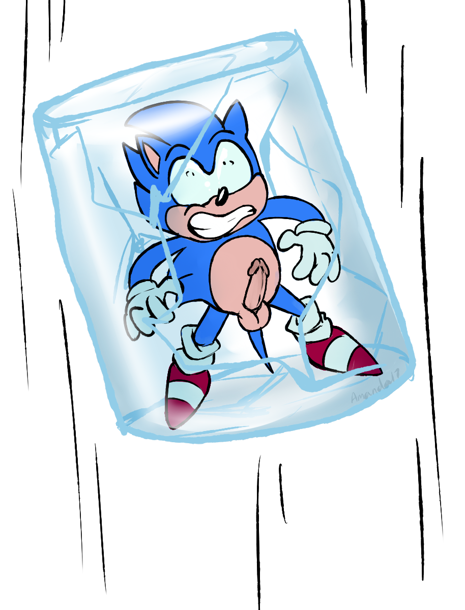 amanda_(artist) balls blue_fur clothing footwear frozen fur gloves ice_cube male male_only penis solo sonic_(series) sonic_mania sonic_the_hedgehog toony