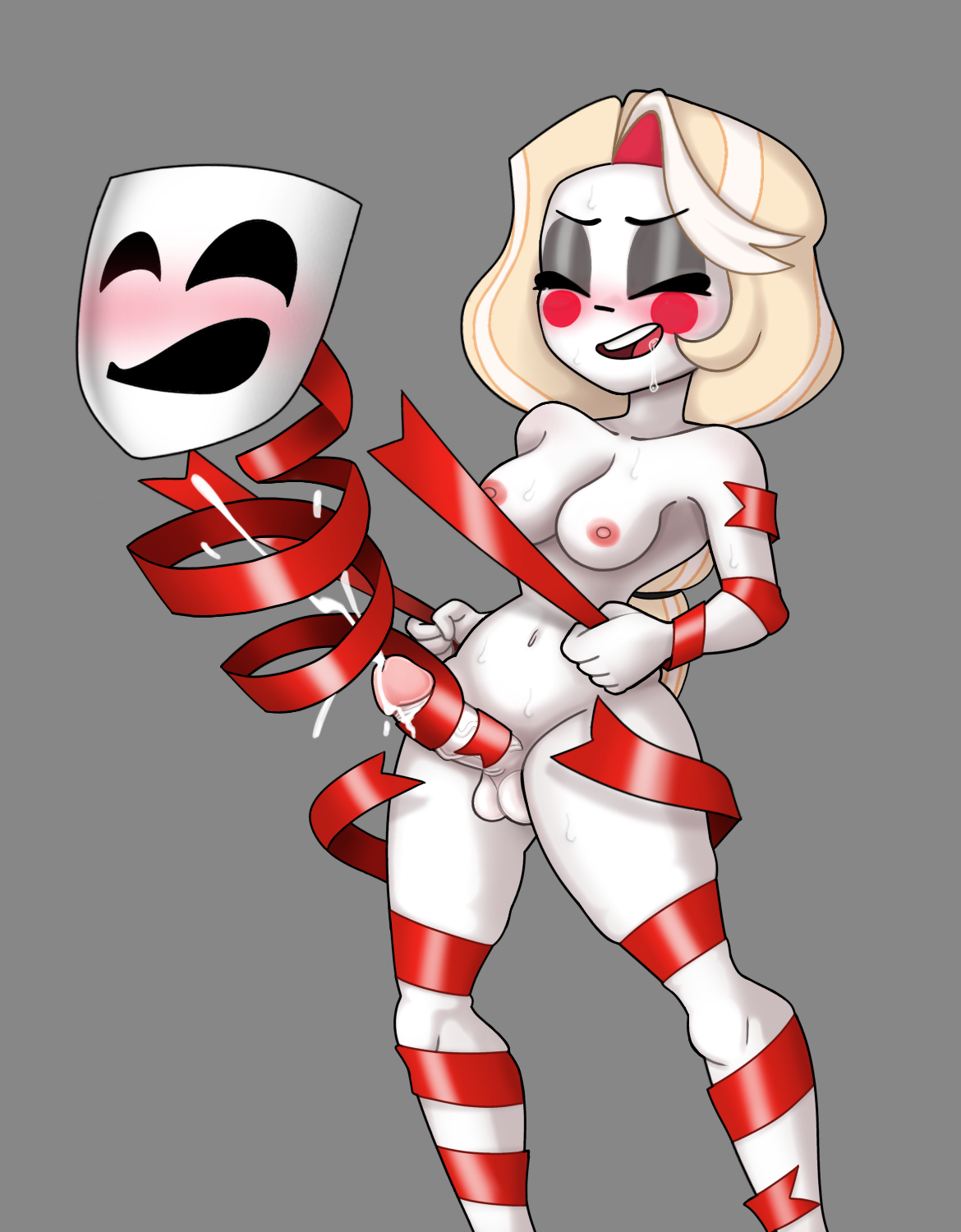 balls, ballsack, blush, breasts, charlie morningstar (hazbin hotel), cock, cum, cumshot, drool, drooling, futanari, gangle (the amazing digital circus), glitch productions, hazbin hotel, nipples, orgasm, penis, ribbon, sex, sweat, sweaty, the amazing digital circus