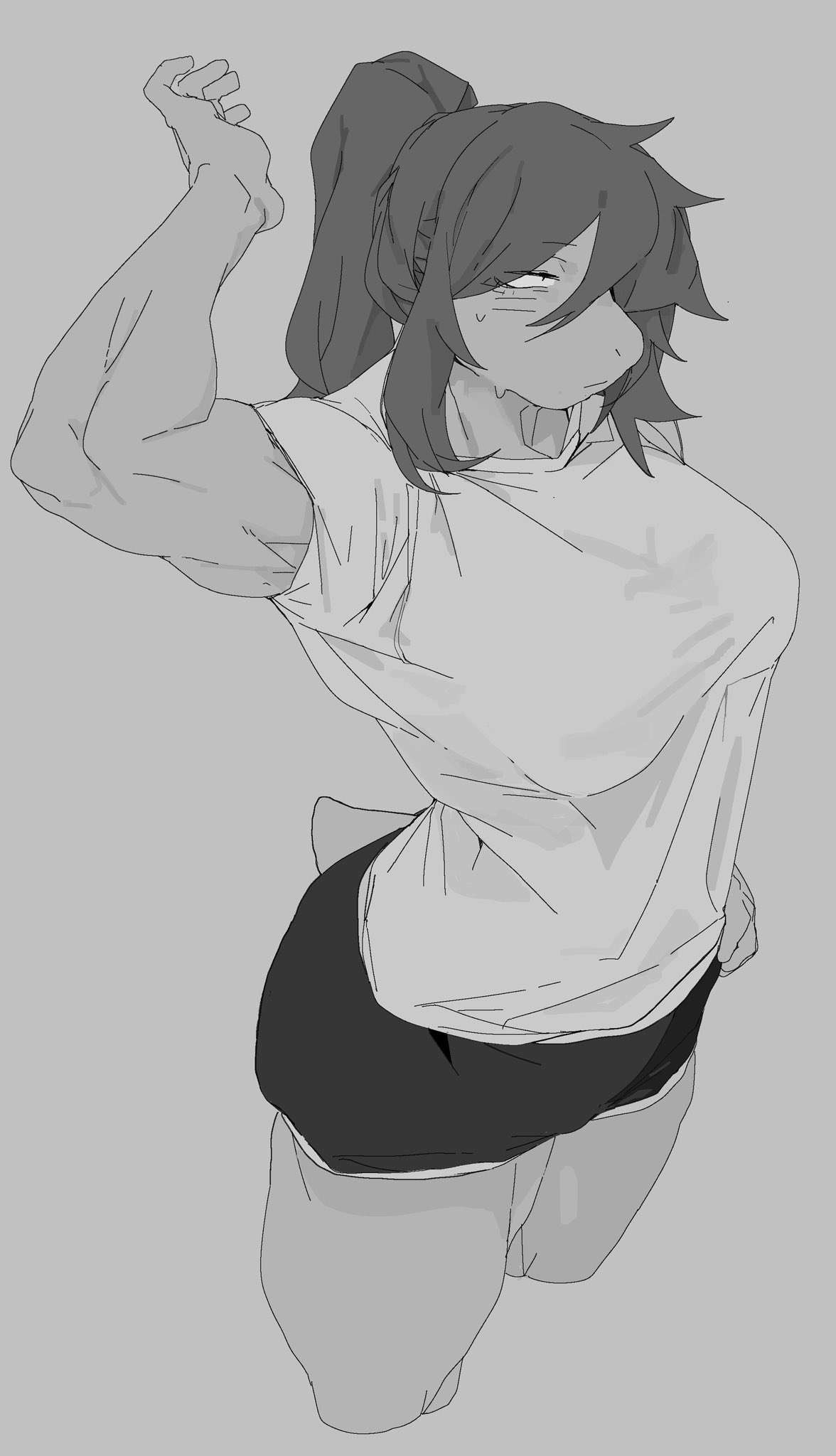 1girl, black and white, clothed, clothed female, deltarune, female, female focus, female only, fit, fit female, gym shorts, meckmeck00124, medium breasts, monochrome, muscular, ponytail, scalie, scalie humanoid, short tail, snout, solo, solo female, solo focus, susie (deltarune), sweatdrop, tail, tomboy, white shirt