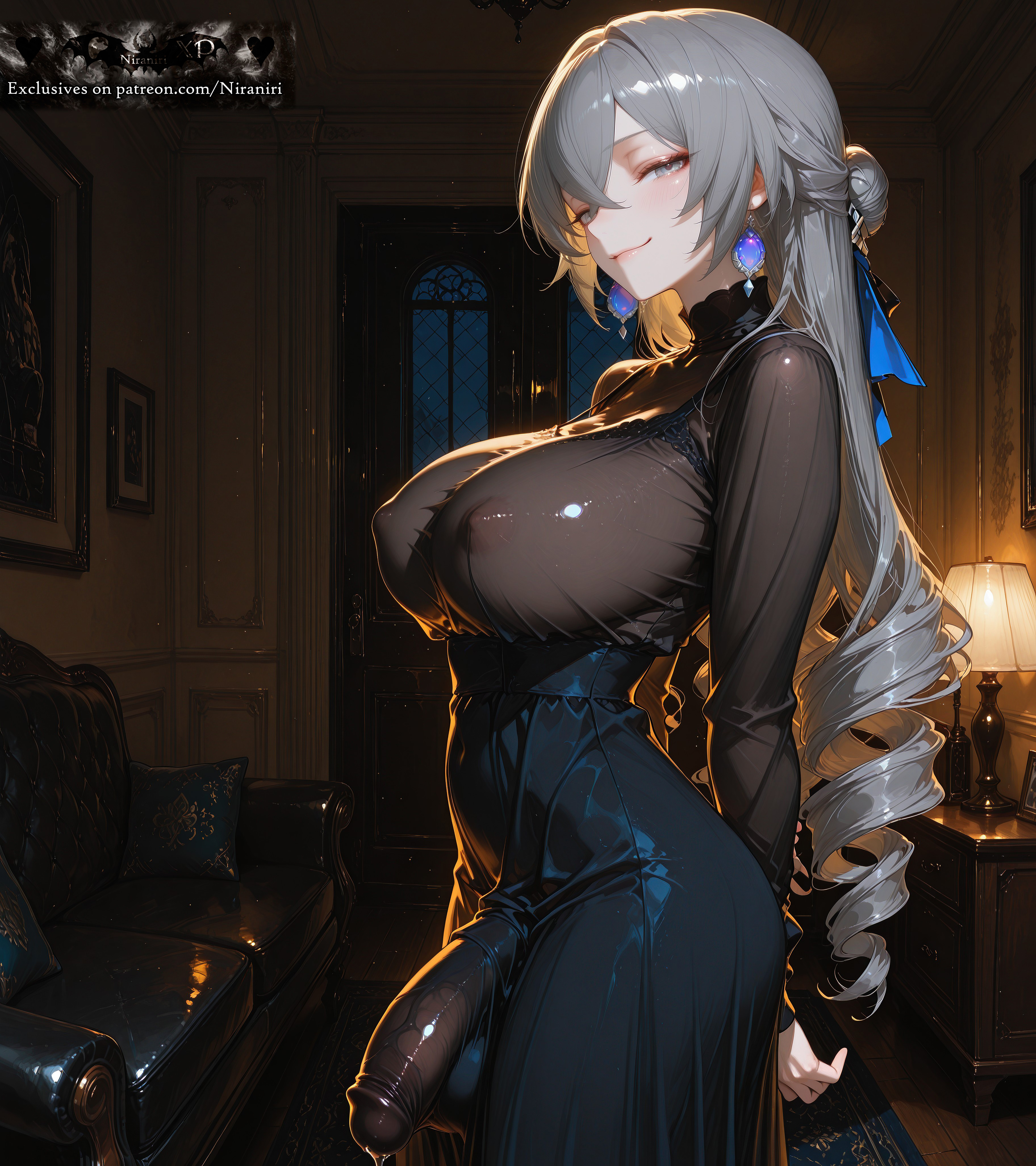 absurdres, ai generated, arms behind back, bangs, black shirt, black skirt, blue skirt, blush, breasts, bronya rand, bulge, closed mouth, couch, covered nipples, covered penis, covered testicles, crossed bangs, drawing (object), dress, drill hair, earrings, erection, female, futanari, grey eyes, grey hair, hair between eyes, hair bun, hair ribbon, half-erect, highres, honkai (series), honkai: star rail, huge cock, indoors, jewelry, lamp, large breasts, large penis, long hair, long sleeves, looking at viewer, night, niraniri, penis, precum, ribbon, see-through, shirt, single hair bun, skirt, smile, solo, testicles