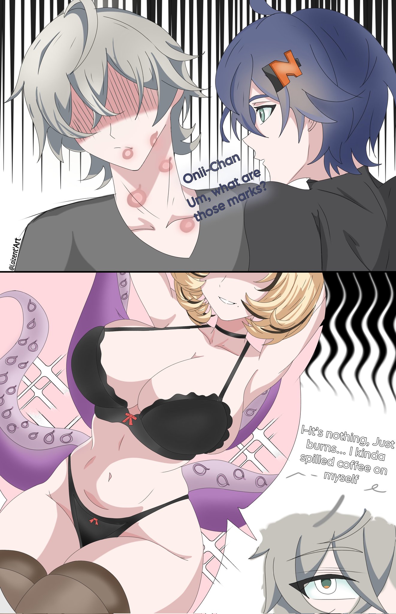 1boy, 2girls, belle (zenless zone zero), big breasts, black bra, bra, breasts, clothed, grey hair, laizent art, light skin, light-skinned female, light-skinned male, mole, mole under mouth, multicolored hair, octopus, octopus girl, pale skin, pale-skinned female, pale-skinned male, tentacle, tentacle mark, thiren, tights, wise (zenless zone zero), yidhari murphy, zenless zone zero