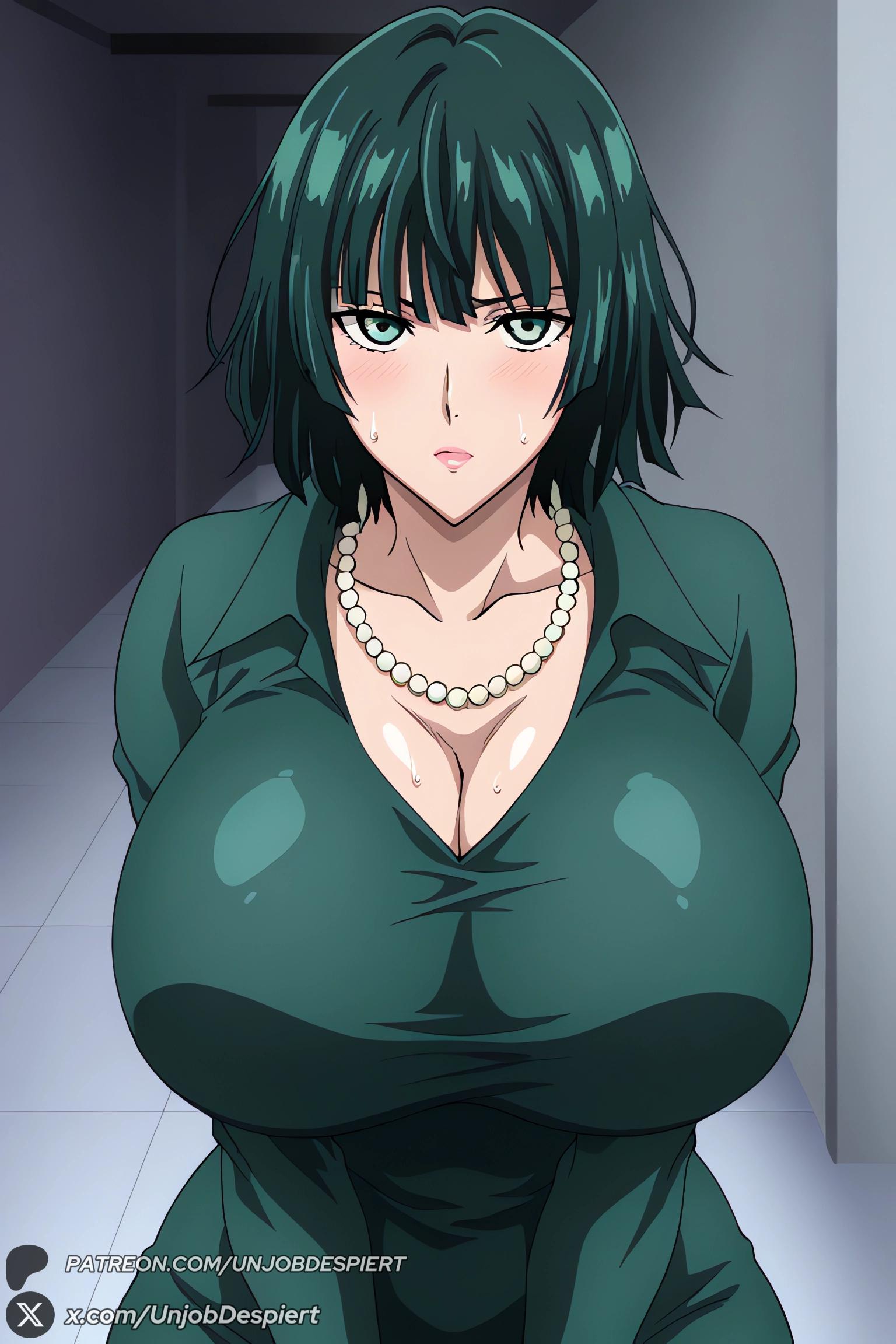 1female, 1girls, 2026, ai generated, artist name, bangs, big ass, big breasts, black hair, blush, breasts, cleavage, closed mouth, collarbone, collared dress, curvy, dress, female, female only, fubuki (one-punch man), green dress, green eyes, green hair, hi res, high quality, high resolution, highres, huge ass, huge breasts, indoors, jewelry, lips, long sleeves, looking at viewer, necklace, one-punch man, patreon, patreon username, pearl necklace, shiny, short hair, solo, sweat, sweatdrop, taut dress, tile floor, tiles, unjobdespiert, watermark