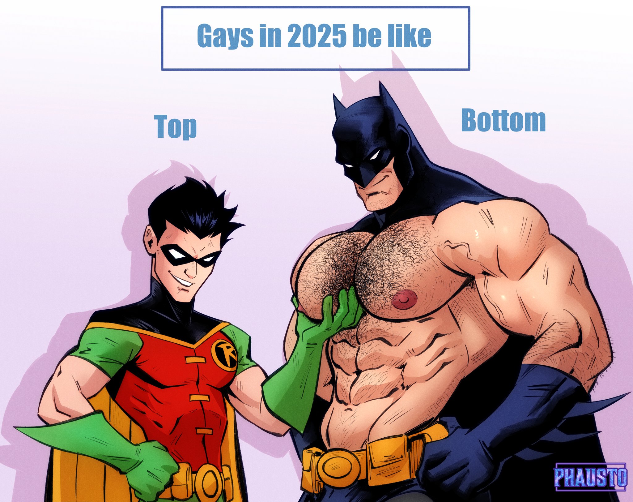 2boys, abs, arm hair, bara, batman, batman (bruce wayne), batman (series), biceps, big biceps, big pecs, body hair, bruce wayne, chest hair, dc, dc comics, gay, gays in 2025 be like, grabbing pecs, hairy, hairy chest, hands on hips, human, incest, light skin, light-skinned male, male, male only, male/male, mask, masked, masked male, meme, muscles, muscular, muscular male, navel, nipples, pecs, phausto, playful expression, pseudo incest, robin (dc), robin (tim drake), six pack, size difference, small dom big sub, squeezing pec, tim drake, topless male, veiny muscles, yaoi
