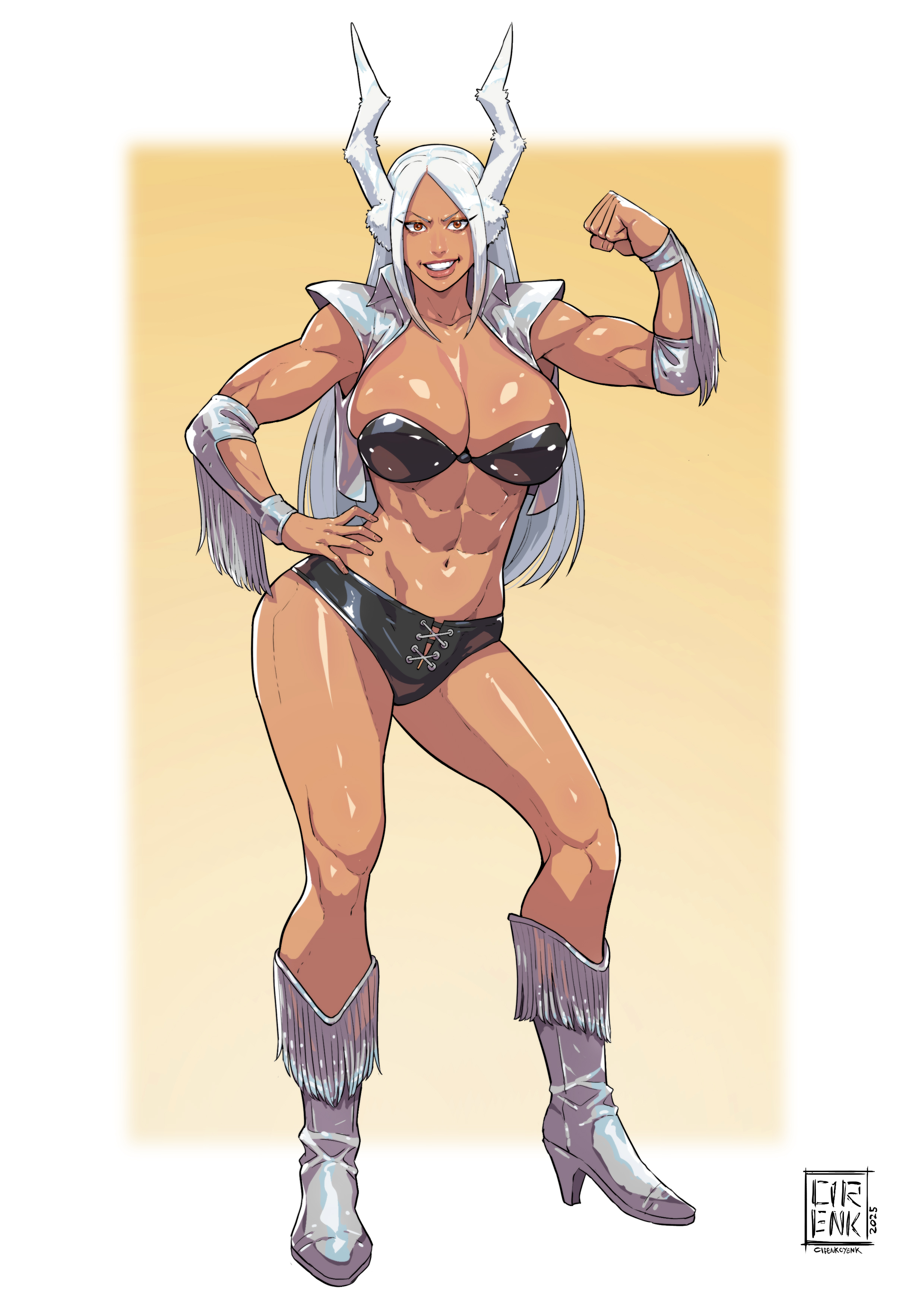 abs, black bra, black underwear, brown eyes, bunny ears, cirenk, dark skin, dark-skinned female, dead or alive, flexing, flexing arms, flexing bicep, flexing muscles, front view, happy, high heels, high quality, high resolution, highres, huge breasts, looking at viewer, mirko, miruko, muscle, muscle mommy, muscles, muscular, muscular female, muscular legs, my hero academia, pecs, pose, posing, posing for the viewer, rabbit, rabbit ears, rabbit girl, revealing clothes, rumi usagiyama, simple background, smile, smiling, smiling at viewer, strong female, tan body, tan skin, teeth, teeth clenched, teeth showing, teeth visible, thick thighs, tina armstrong (cosplay), tough girl, white background, white boots, white hair, white high heels, wrestling outfit