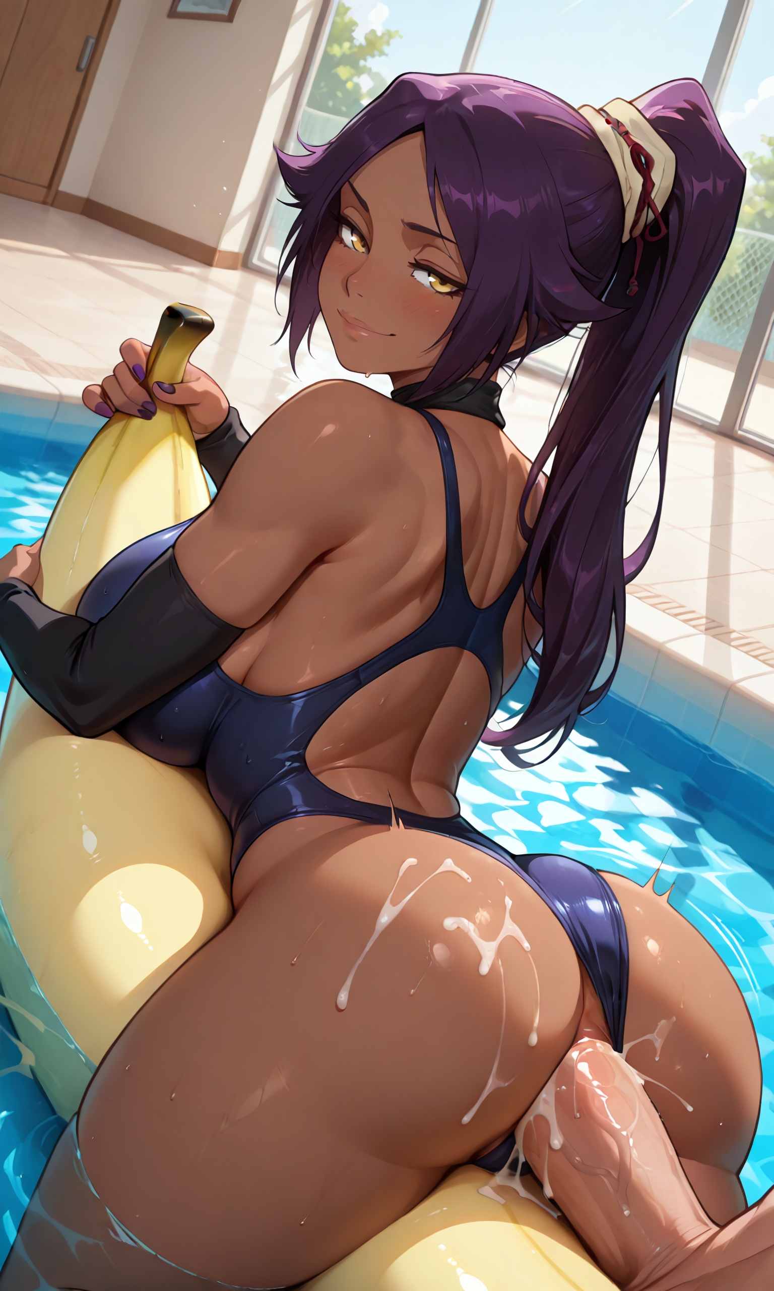 1boy, 1girls, ai generated, anal, anal insertion, anal sex, arched back, armwear, ass, bare shoulders, big breasts, black armwear, bleach, bleach: the thousand-year blood war, blush, blush lines, blushing female, breasts, brim 118, cum, cum in ass, cum inside, cum on ass, dark skin, dark-skinned female, day, daytime, eyelashes, eyes, female, floatie, fucked from behind, hair, long hair, looking back, lying on stomach, male, nails, nails painted, nude, nude male, one-piece swimsuit, open legs, penis, penis in ass, ponytail, pool, pool float, purple hair, purple nails, shihouin yoruichi, sidelocks, smile, smiley face, smiling, swimsuit, swimsuit aside, water, yellow eyes
