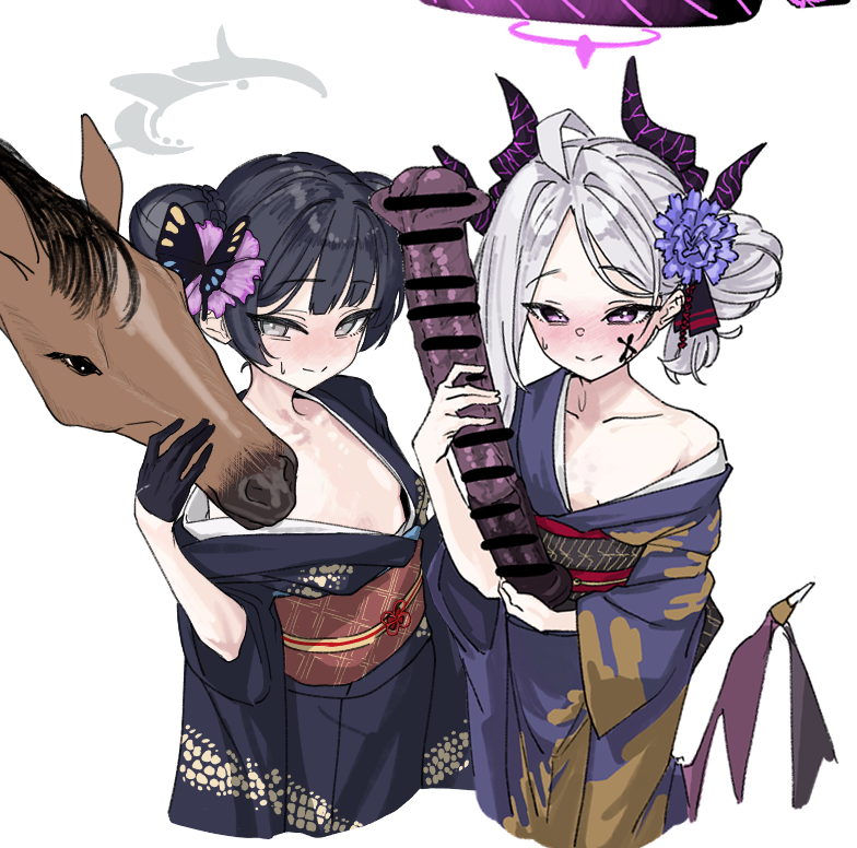 ahoge, animal dildo, animal genitalia, animal penis, bestiality, black gloves, black hair, black halo, black horns, blue archive, blush, bow, breasts, chinese zodiac, closed mouth, commentary request, demon girl, demon horns, demon wings, dildo, flower, gloves, grey eyes, hair flower, hair ornament, hairbow, halo, hina (blue archive), holding, holding sex toy, horns, horse, horse dildo, horse penis, japanese clothes, kimono, kisaki (blue archive), long hair, looking at viewer, low wings, multiple horns, obi, obiage, obijime, open clothes, open kimono, penis, print kimono, purple eyes, purple wings, samesann, sash, sex toy, short hair, simple background, small breasts, smile, translation request, white background, white hair, wide sleeves, wings, year of the horse