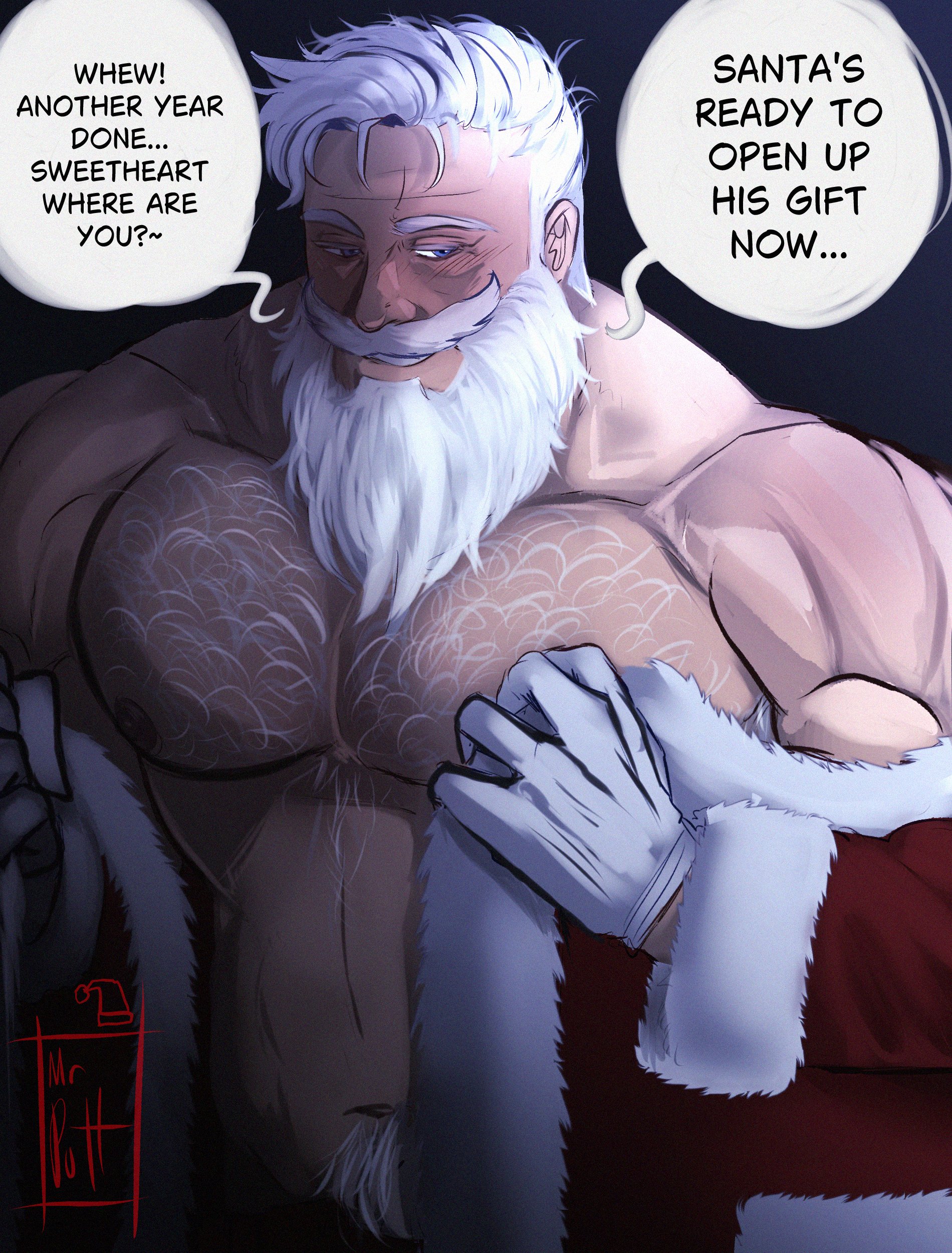 1boy, abs, bara, beard, christmas, christmas outfit, completely nude, completely nude male, daddy, daddy kink, dilf, english, english text, erect penis, erection, facial hair, gay, hairy, hairy chest, hairy male, imminent penetration, imminent sex, inviting, inviting to sex, looking at viewer, male, mrputt, muscular, muscular male, nude, nude male, old male, older male, pecs, pov, pov eye contact, pubic hair, santa, santa claus, santa hat, seductive, seductive look, seductive smile, solo, solo male, taker pov, talking to viewer, text, text bubble, yaoi