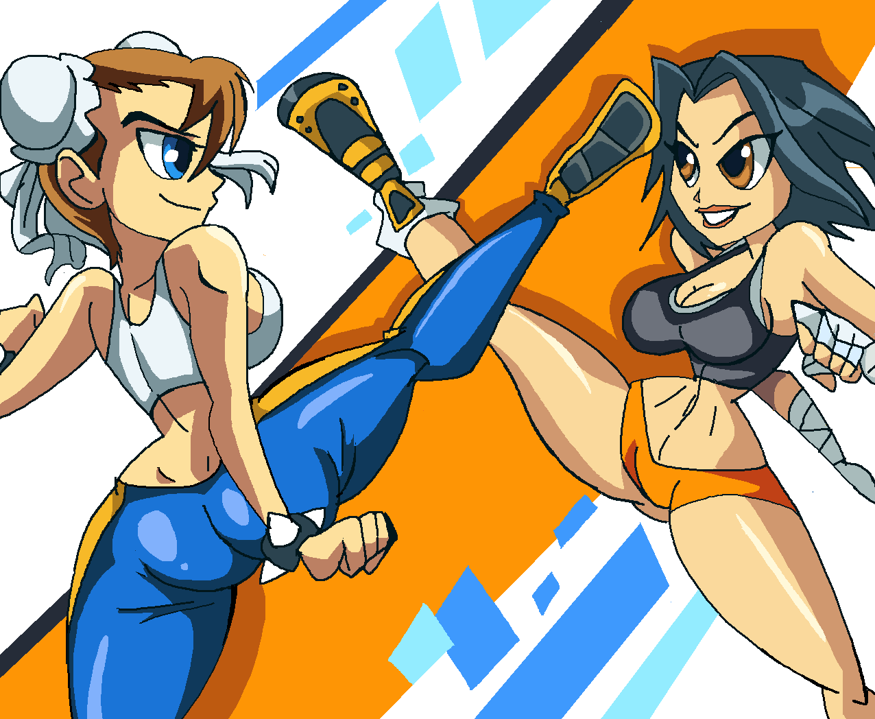 2girls aged_up alternate_version_available asian back_view bandage bare_shoulders big_breasts black_hair blue_eyes bracelet brown_eyes brown_hair busty butt_crack capcom chun-li cleavage crossover curvy detailed_background double_bun duo female female_only front_view hair_bun hourglass_figure human jackie_chan_adventures jade_chan kicking leg_lift leg_up manic47 midriff multiple_females multiple_girls older open_mouth shiny shiny_skin shoes short_hair shorts spiked_bracelet spikes standing street_fighter teenage tube_top tubetop video_game video_games voluptuous wide_hips yuri