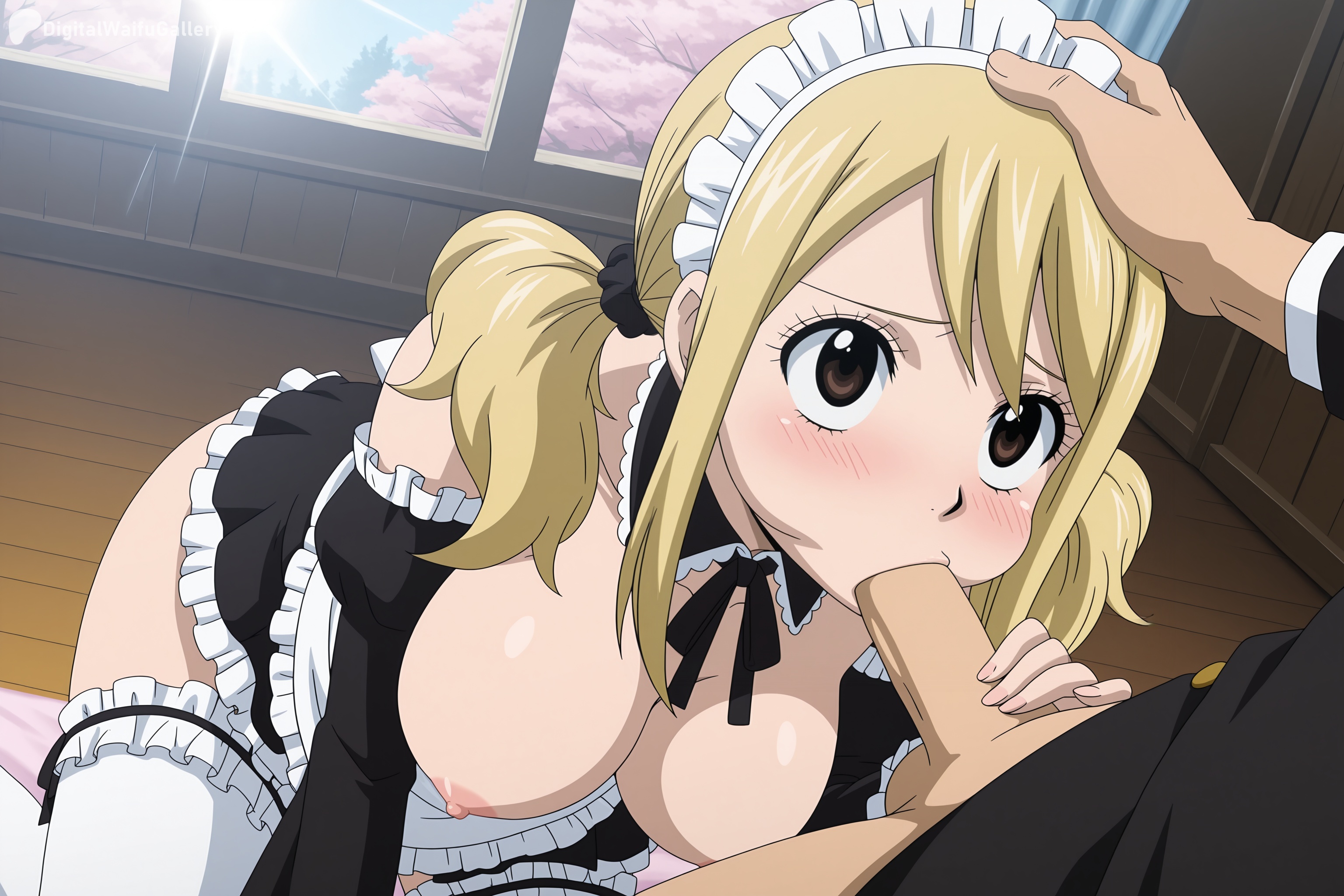 1boy, 1girls, ai generated, blonde hair, blonde-haired female, blush, breasts, brown eyes, censored, digitalwaifugallery, fairy tail, fellatio, female, hand on another's head, hi res, high quality, high resolution, large breasts, lucy heartfilia, maid, nipples, oral, patreon, penis, seductive, sexy, solo focus, straight, thighhighs, uncensored, watermark