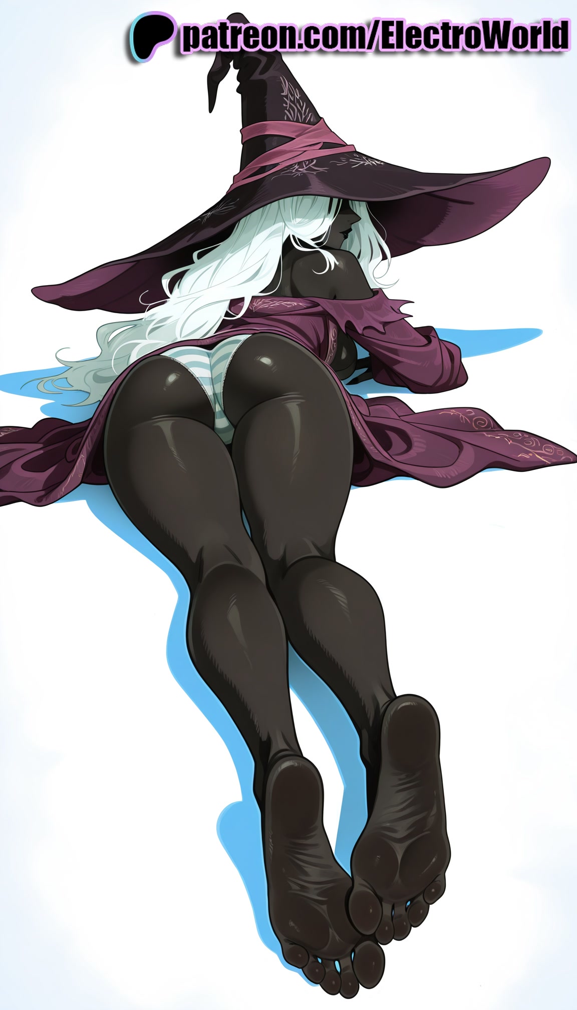 1girls, 2026, ai generated, artist name, ass, elden ring, elden ring nightreign, electroworld, feet, feet fetish, female, foot fetish, foot focus, hat, hi res, high quality, high resolution, highres, lying on stomach, nail polish, on belly, on stomach, panties, patreon, patreon username, prone position, recluse (nightreign), soles, solo, stable diffusion, striped, striped panties, toenail polish, toenails, toes, underwear, watermark, witch hat
