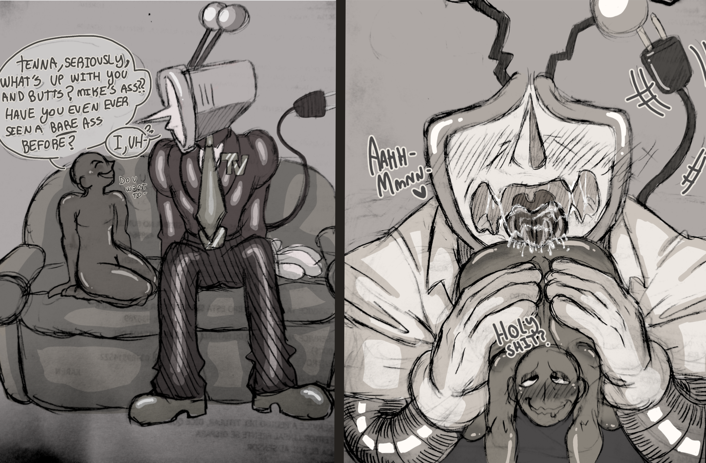 ambiguous gender, anilingus, anilingus from male, anon, antennae (anatomy), ass eating, big tongue, deltarune, deltarune chapter 3, desperate, eating ass, fangs, gloved hands, holding partner, letttusse, licking ass, messy, messy eater, object head, open mouth, robot humanoid, saliva, saliva on butt, saliva on tongue, saliva string, self insert, size difference, tail, tenna (deltarune), text, text bubble, tongue in anus, tv head, two panel image, y/n, you