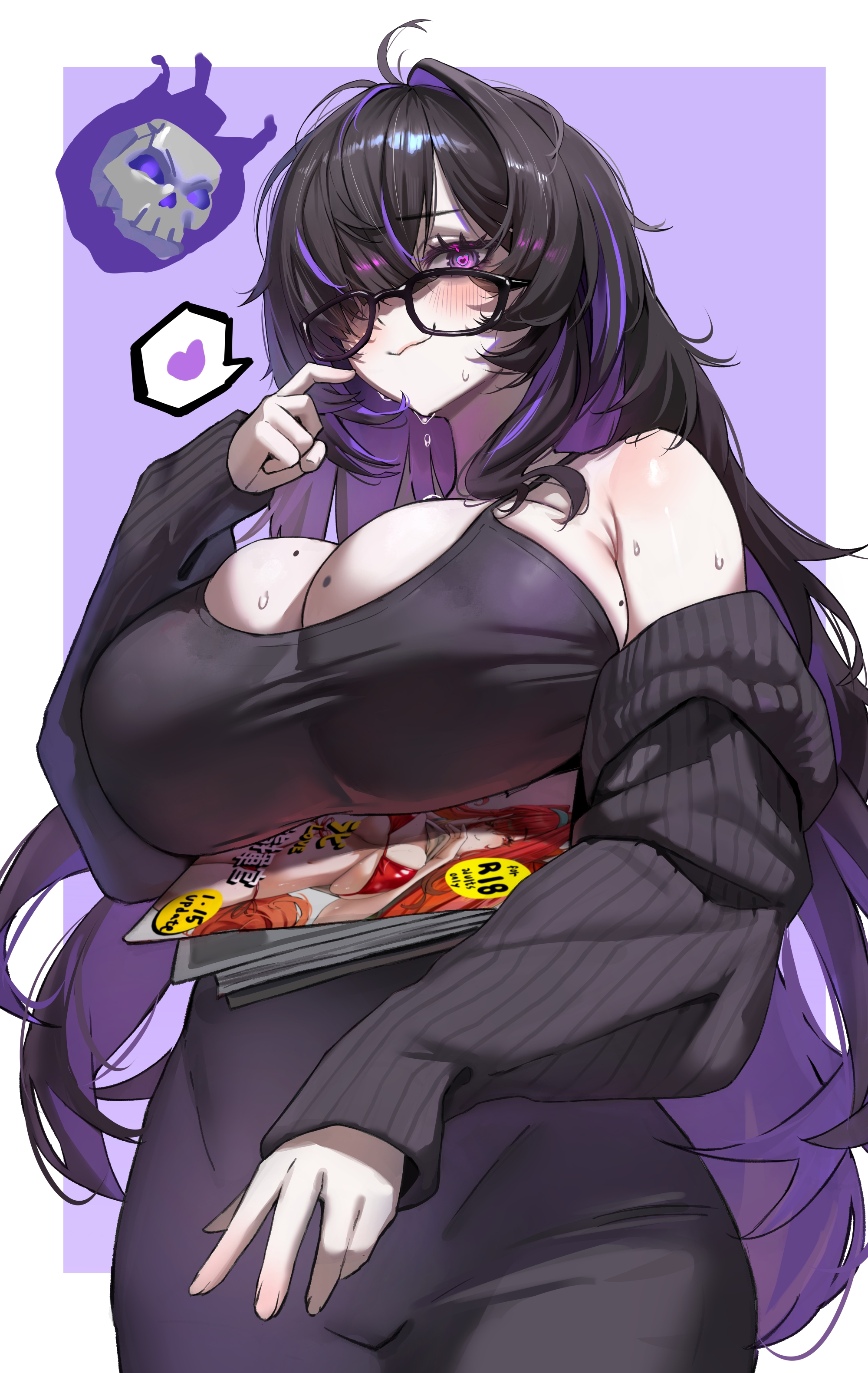 1girls, absurdres, ahoge, bags under eyes, bare shoulders, black cardigan, black dress, black hair, black sweater, black-framed eyewear, blush, border, breasts, cardigan, cardigan partially removed, cleavage, closed mouth, colored inner hair, commentary, cowboy shot, dress, from below, glasses, glowing, glowing eye, goddess of victory: nikke, hair intakes, hair over one eye, heart, heart-shaped pupils, highres, huge breasts, jindogod, label, label (nikke), long hair, looking at viewer, magazine (object), manga (object), messy hair, mole, mole on breast, multicolored hair, nervous smile, purple background, purple eyes, purple hair, rapi (nikke), rapi (red hood) (nikke), simple background, skull, smile, solo, spoken heart, streaked hair, sweat, sweater, symbol-shaped pupils, taut clothes, taut dress, two-tone hair, very long hair, wavy mouth, white border