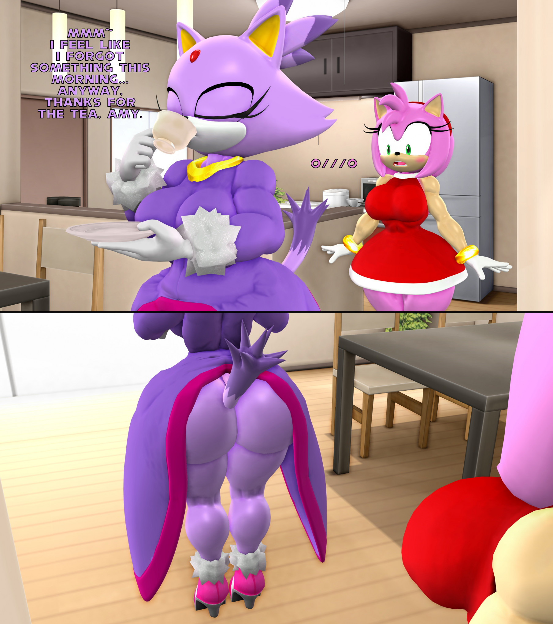 2girls, 3d, 3d (artwork), amy rose, anthro, big ass, blaze the cat, feline, female, female only, hedgehog, kabalmystic (style), mikumikudance, mmd, sega, silverteam2017, sonic (series), sonic the hedgehog (series), surprised face