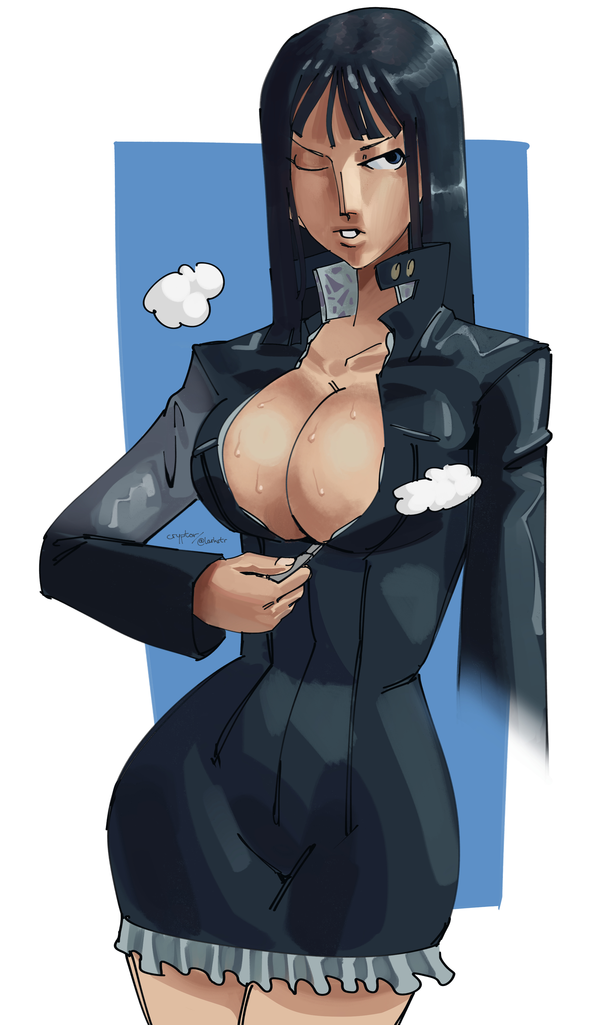 1girls, about to burst, barely contained, barely contained breasts, barely fits, big breasts, black hair, black-haired female, blue eyes, breasts, breasts too big, bursting breasts, cryptor, enies lobby, female, female only, fringe, hourglass figure, human, human female, imminent wardrobe malfunction, inconvenient boobs, inconvenient breasts, large breasts, leather minidress, long hair, mature female, nico robin, one piece, pre-timeskip, slim waist, strained zipper, straining clothing, sweat, sweaty breasts, tight fit, too tight, undersized clothes, undersized clothing, wardrobe malfunction, water 7, wide hips, zipper, zipper malfunction, zipper stuck, zipper wont zip, zipping, zipping up