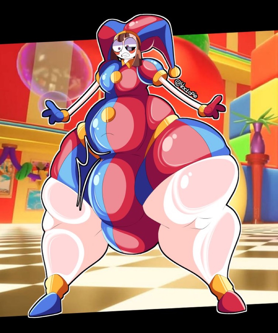 1futa, 1futanari, 1girls, big bulge, big thighs, bottom heavy, brown hair, bulge, bulge through clothing, bulge under clothes, chubby, chubby female, chubby futanari, clenching teeth, clothed, clothed female, clothing, clown, clown costume, clown girl, clown makeup, female, female focus, futa only, futanari, glitch productions, huge bulge, huge thighs, jester, jester cap, jester costume, jester girl, jester hat, jester outfit, large bulge, large thighs, long hair, massive bulge, massive thighs, multicolored eyes, pale, pale body, pale skin, pale skinned female, pale-skin, pale-skinned female, pale-skinned futa, pale-skinned futanari, pomni, pomni (tadc), pomni (the amazing digital circus), solo, solo female, solo focus, solo futa, tadc, the amazing digital circus, thicc, thicc thighs, thick thighs, thighs, tight clothing, voctopie, white body, white skin
