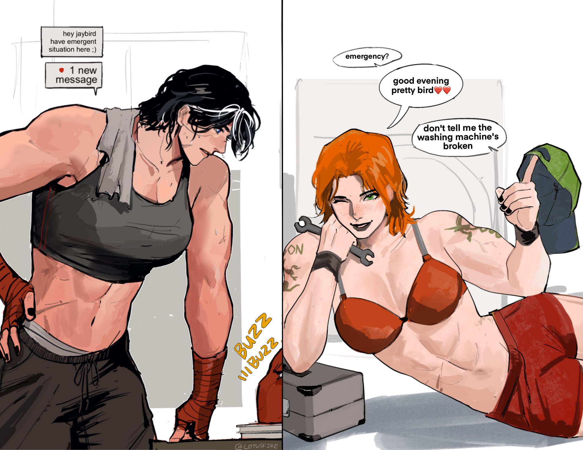 2girls, abs, athletic, athletic female, bra, breasts, butch, cleavage, clothed, clothes, clothing, dc, dc comics, female, female focus, female only, genderbent, genderswap (mtf), green eyes, hat, helmet, implied yuri, jason todd, muscular, muscular biceps, muscular female, no visible genitalia, orange hair, red arrow, red hood (dc), roy harper, rule 63, rwheel0333, scar, scars, short hair, sports bra, superheroine