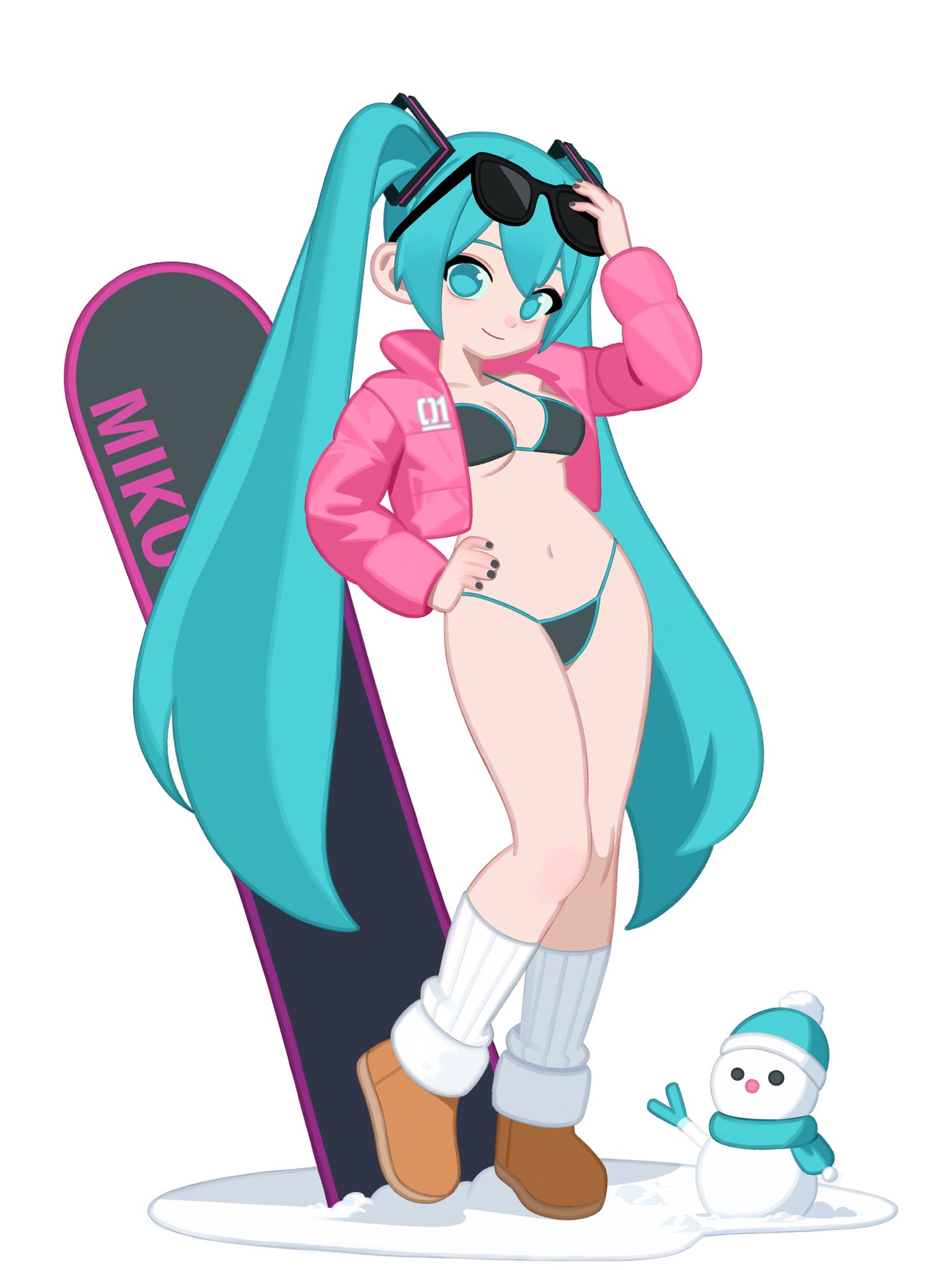 1girl, aqua eyes, aqua hair, aqua nails, arm up, bangs, bikini, black bikini, black nails, boots, breasts, brown footwear, clogs, closed mouth, cropped jacket, eyewear on head, female, full body, hair between eyes, hand on hip, hatsune miku, highres, hochihochiha, hochihochihavocaloid, jacket, long hair, long sleeves, looking at viewer, medium breasts, nail polish, navel, open clothes, open jacket, pink jacket, shoes, simple background, smile, snowboard, snowman, socks, solo, spring onion, standing, stomach, string bikini, sunglasses, sunglasses on head, swimsuit, twintails, very long hair, white background, white socks