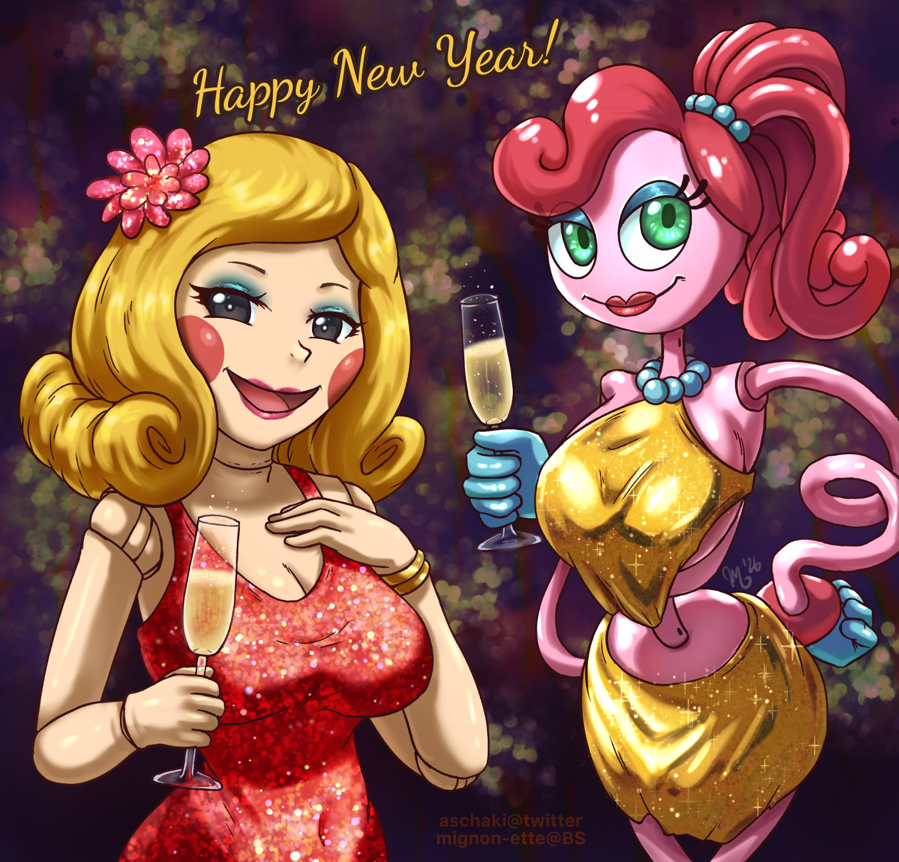 2020s, 2026, 2d, 2d (artwork), 2girls, beautiful, blonde hair, breasts, cleavage, digital drawing (artwork), digital media (artwork), dress, female, female only, gold dress, green eyes, happy new year 2026, lipstick, looking at viewer, makeup, mature female, mignonette, milf, miss delight, mob entertainment, mommy long legs, non-human, pink hair, pink skin, poppy playtime, poppy playtime (chapter 2), poppy playtime (chapter 3), red dress, sfw, smile, smiling, smiling at viewer, vines