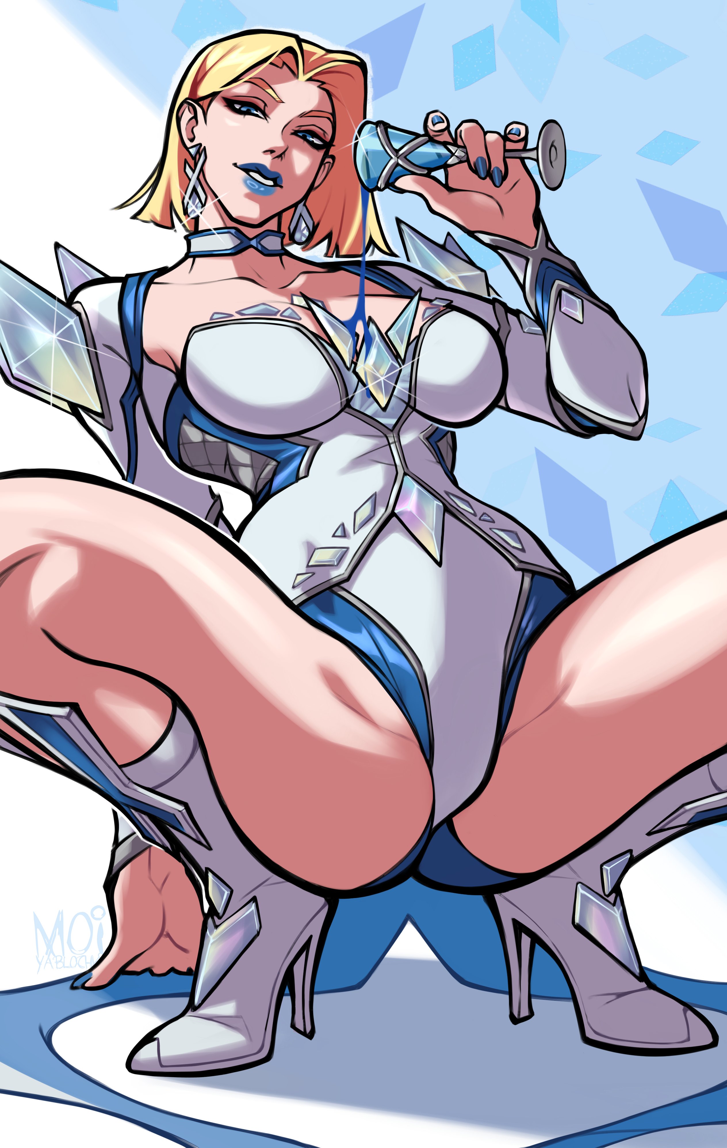 blonde female, blonde hair, blue eyes, blue lipstick, emma frost, emma frost (marvel rivals), large breasts, marvel, marvel comics, marvel rivals, moiyablochki, spread legs, squatting, thick thighs, white queen, x-men