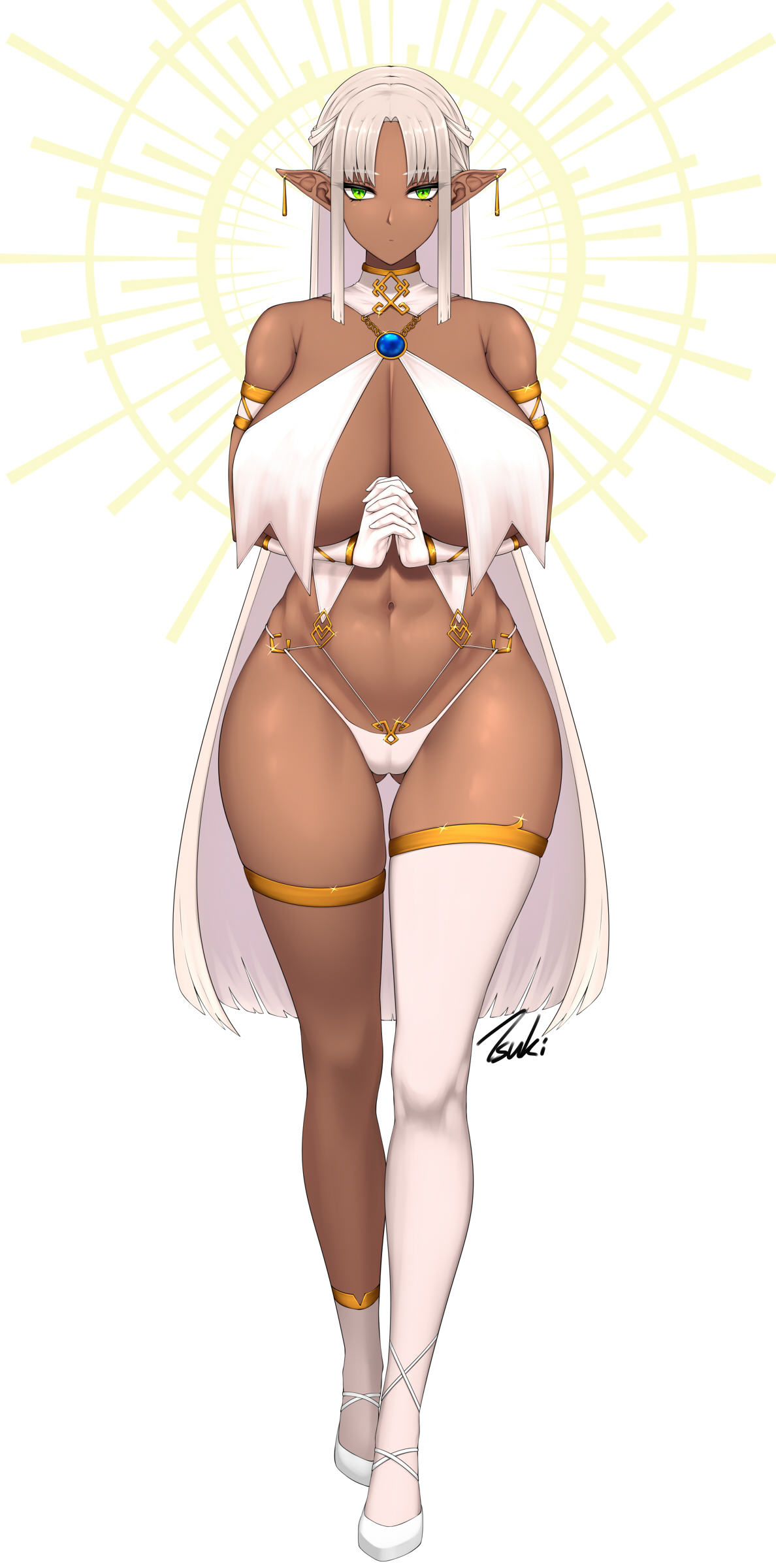 1girls, 2d, asymmetrical legwear, breast curtains, breasts, cleavage, dark elf, dark skin, dark-skinned female, earrings, elf, green eyes, huge breasts, long hair, navel, original, panties, revealing clothes, ryu seung, solo, thighhighs, white hair, white socks, white thighhigh