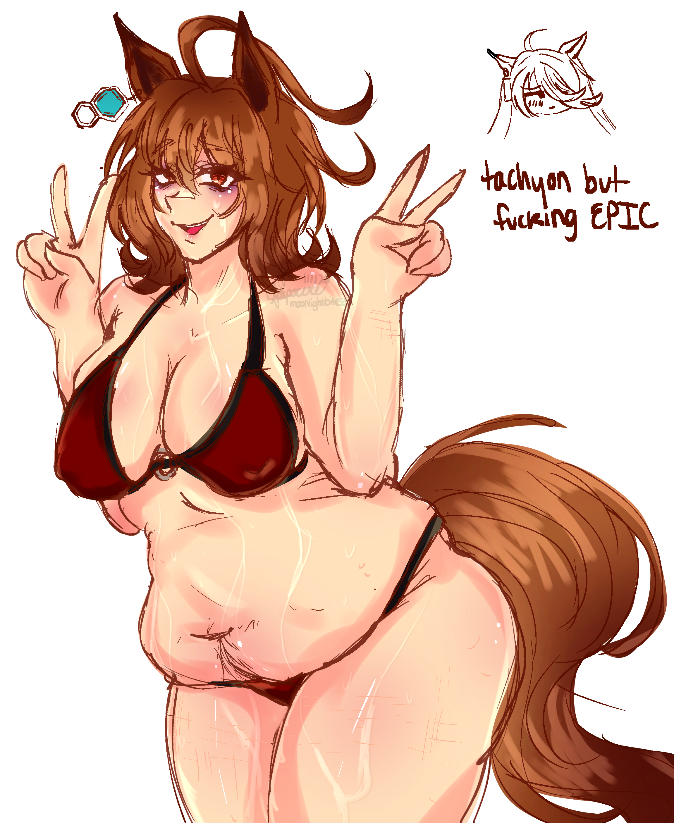 :d, agnes tachyon (umamusume), ahoge, bikini, excessive pubic hair, fat, fat female, hopecest, horse ears, horse girl, horse tail, large breasts, large thighs, light skin, light-skinned female, looking at viewer, manhattan cafe (umamusume), nipples visible through bikini, nipples visible through clothing, overweight, overweight female, peace sign, pinup, scar, self upload, self-harm scars, solo, solo female, solo focus, sweat, sweating, swimsuit, tagme, umamusume, umamusume pretty derby, umamusume: beginning of a new era