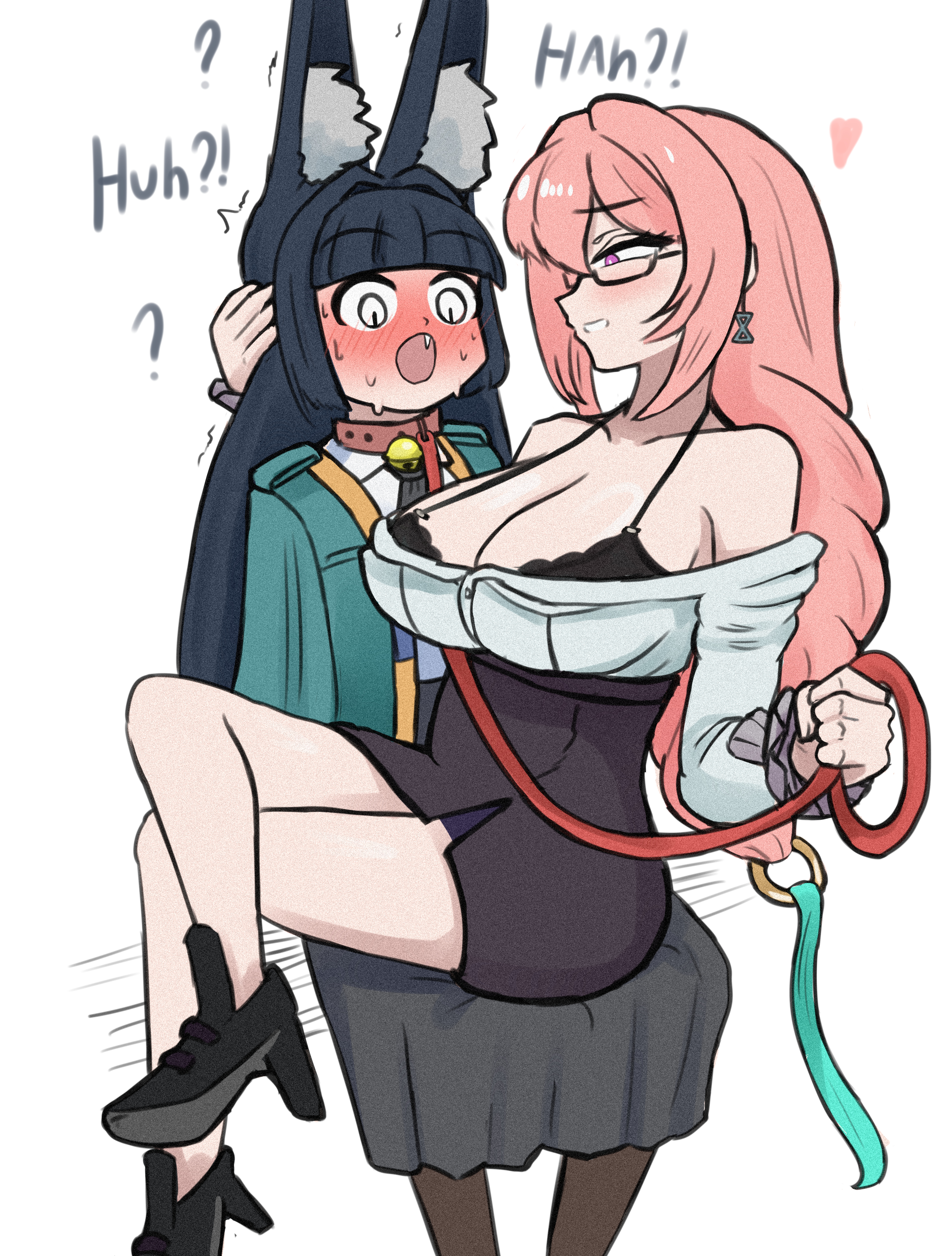 2girls, absurdres, animal ears, black bra, blunt bangs, blush, bra, bra peek, cleavage, crossed legs, earrings, fox ears, fox girl, hair between eyes, heart, highres, holding, holding leash, hoshimi miyabi, jewelry, leash, long hair, multiple girls, nykaani, open mouth, pink eyes, pink hair, sidelocks, simple background, sitting, smile, tsukishiro yanagi, white background, yuri, zenless zone zero