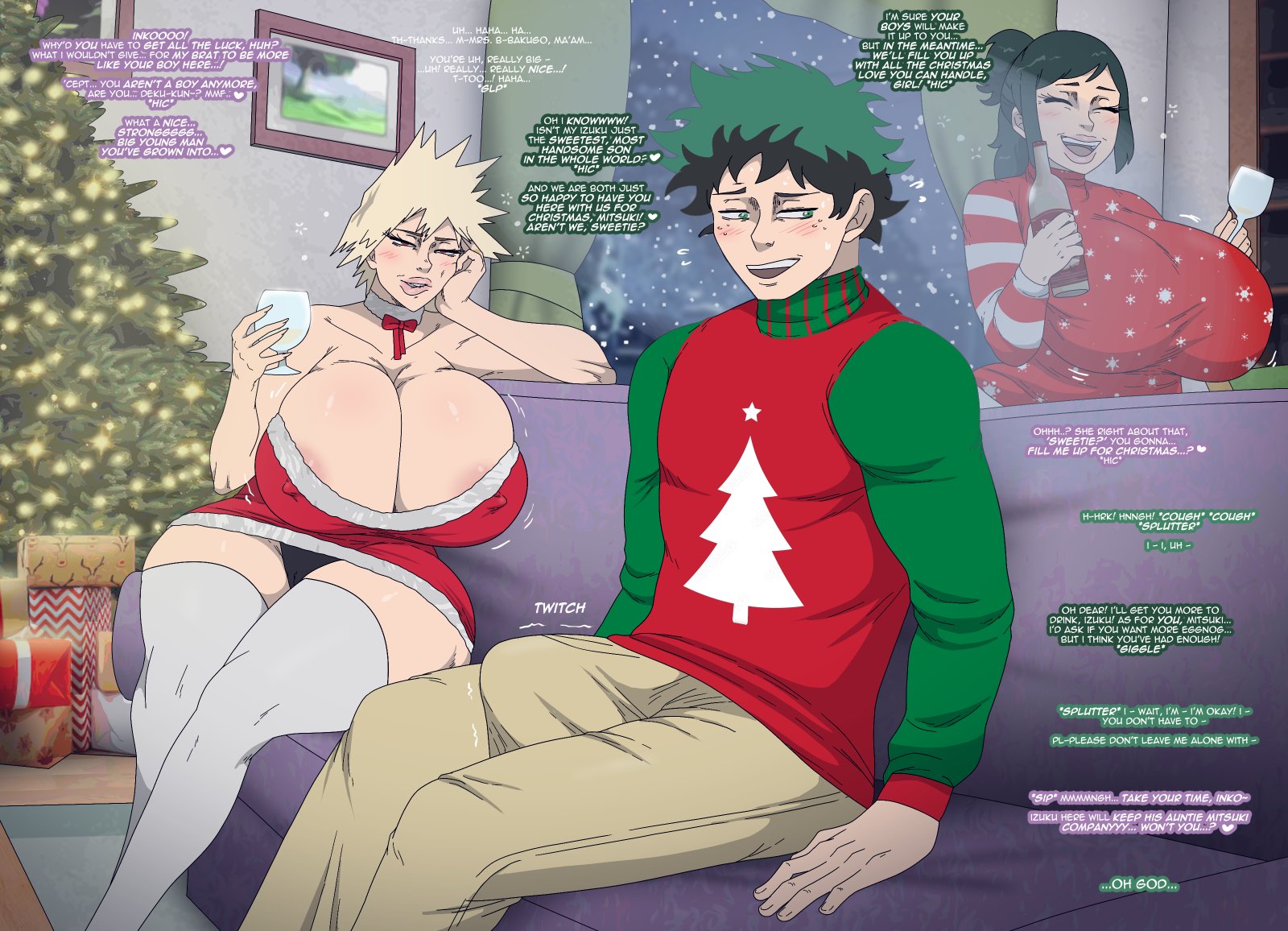 1boy, 2girls, age difference, alcohol, areola slip, blonde hair, bulge, christmas, christmas outfit, cleavage, contingency, dress, drinking, huge breasts, huge cock, inko midoriya, izuku midoriya, light skin, light-skinned female, light-skinned male, mature female, milf, mitsuki bakugou, multiple girls, my hero academia, nipple bulge, older female, strapless, strapless dress, thick thighs, thighhighs, white thighhighs, wide hips, younger male