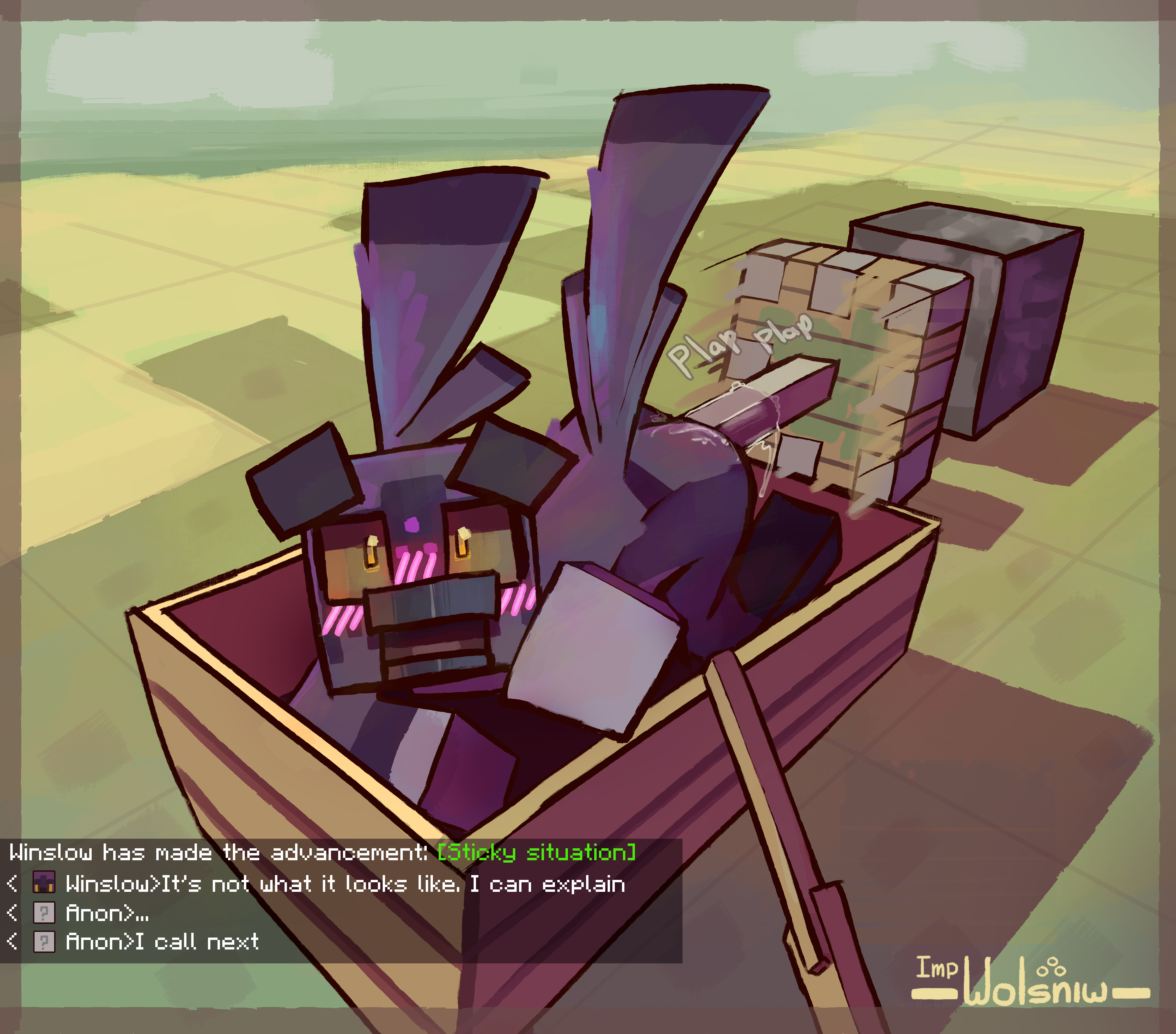 anal, avian, bird, caugh, caught, caught masturbating, embarrased, end rod, fucking machine, gay, grackle, impwolsniw, lube, lube in ass, lube on dildo, male, masturbation, minecraft, minecraft sheep fucker machine, non-human, non-human head, piston (minecraft), solo, surprised, text, toony, winslow (impwolsniw)