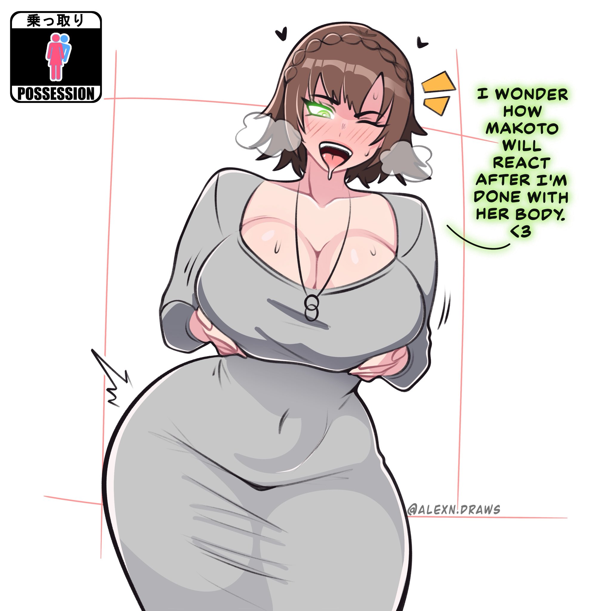 1girls, 2025s, alexndraws, atlus, big breasts, blush, blushing, blushing female, blushing profusely, breasts, cleavage, cleavage dress, comission, dress, dubious consent, english text, fondling, fondling breast, fondling breasts, fondling own breast, glowing eyes, gray dress, green eyes, grey dress, hourglass, hourglass figured female, huge breasts, jpg, makoto niijima, no background, open mouth, persona, persona 5, possessed, possession, saliva, shiny, shiny clothes, shiny skin, simple background, solo, solo female, solo focus, thick thighs, thick thighs save lives, thighs, tongue, tongue out, video game character, video game franchise, video games, voluptuous, voluptuous female, watermark, white background