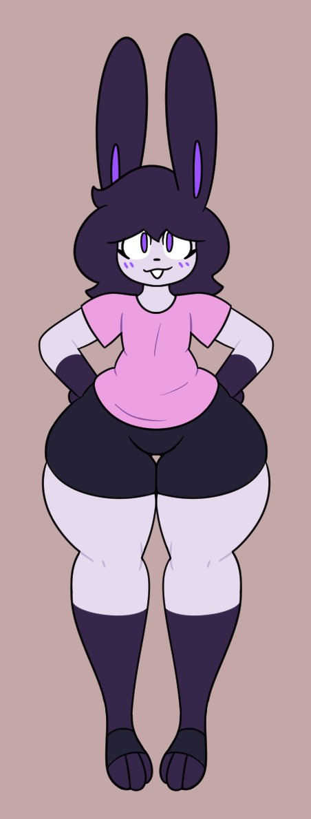 2023, 2d, anthro, anthro male, anthro only, black hair, blank background, bottom heavy, bottom heavy femboy, bunny, bunny boy, bunny ears, child bearing hips, clothed, clothing, evilfiendish, femboy, fur, furry, happy, lagomorph, male, male only, mare (evilfiendish), massive thighs, purple eyes, rabbit, rabbit boy, smile, solo male, thick thighs