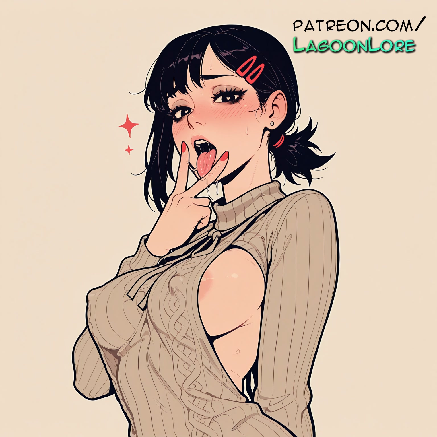 ai generated, artist name, black hair, blush, breasts, bust, chainsaw man, chest, earrings, exposed nipples, female, hair ornament, hairclip, hi res, higashiyama kobeni, highres, lagoonlore, meme attire, mole, mole under eye, nipples, nipples outside, open mouth, patreon, patreon username, ribbed sweater, solo, sparkle, sweater, tongue, tongue out, watermark