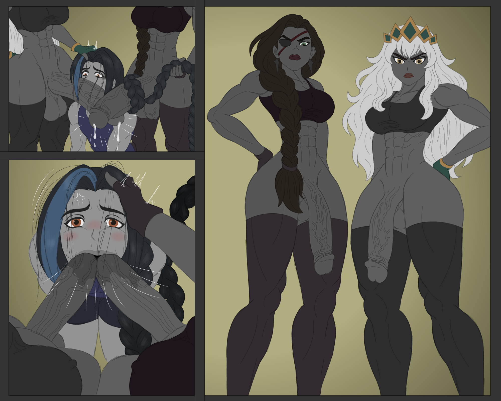 1boy, 2futas, 2futas1boy, big penis, braid, braided hair, braided ponytail, double barrel blowjob, double fellatio, eye contact, futa on male, futanari, hair fetish, hair grab, hair pull, hairjob, hand on head, huge cock, kayn, league of legends, male, muscular futa, muscular male, penis, pov, pov eye contact, pulling hair, qiyana yunalai, samira (league of legends), tagme, thighhighs, veiny penis