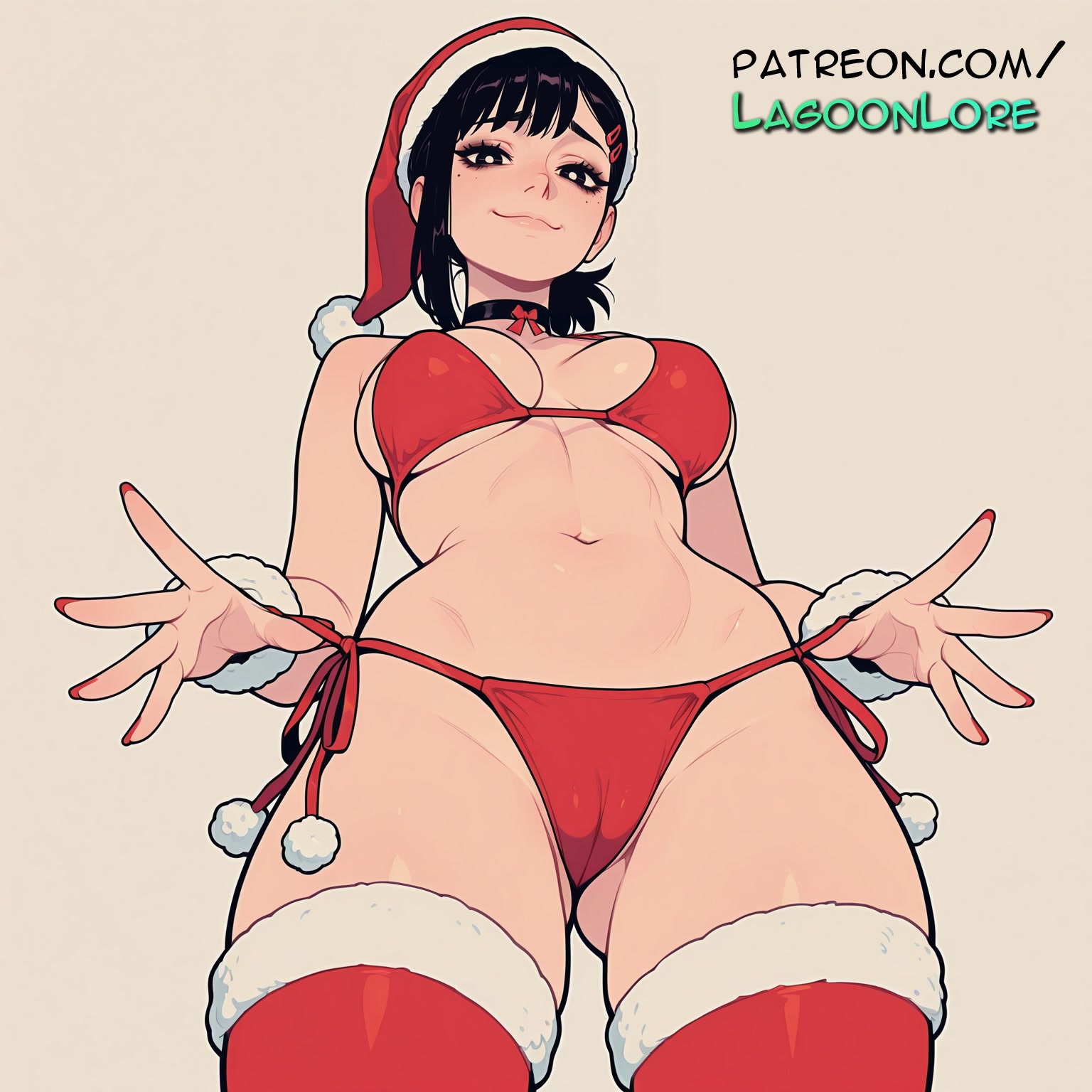 ai generated, antlers, artist name, beckoning, bell, bikini, black hair, bobblehat, breasts, bust, candy cane, carrying over shoulder, chainsaw man, chest, choker, christmas, christmas lights, christmas ornaments, christmas tree, deer ears, fake antlers, fake facial hair, female, from below, fur boots, fur trim, fur-trimmed boots, fur-trimmed capelet, fur-trimmed dress, fur-trimmed gloves, fur-trimmed headwear, fur-trimmed legwear, fur-trimmed shorts, fur-trimmed skirt, fur-trimmed sleeves, gift, gift bag, gift box, hair ornament, hat, hi res, higashiyama kobeni, highres, holding sack, holly, lagoonlore, looking at viewer, merry christmas, mole, mole under mouth, navel, neck bell, open hand, outstretched arm, outstretched hand, palms, party hat, patreon, patreon username, pom pom (clothes), red bikini, red capelet, red gloves, red headwear, red legwear, reindeer, reindeer antlers, reindeer costume, sack, santa bikini, santa boots, santa costume, santa dress, santa gloves, santa hat, side-tie bikini, side-tie panties, smile, snow, solo, spread fingers, swimsuit, thighhighs, watermark, waving