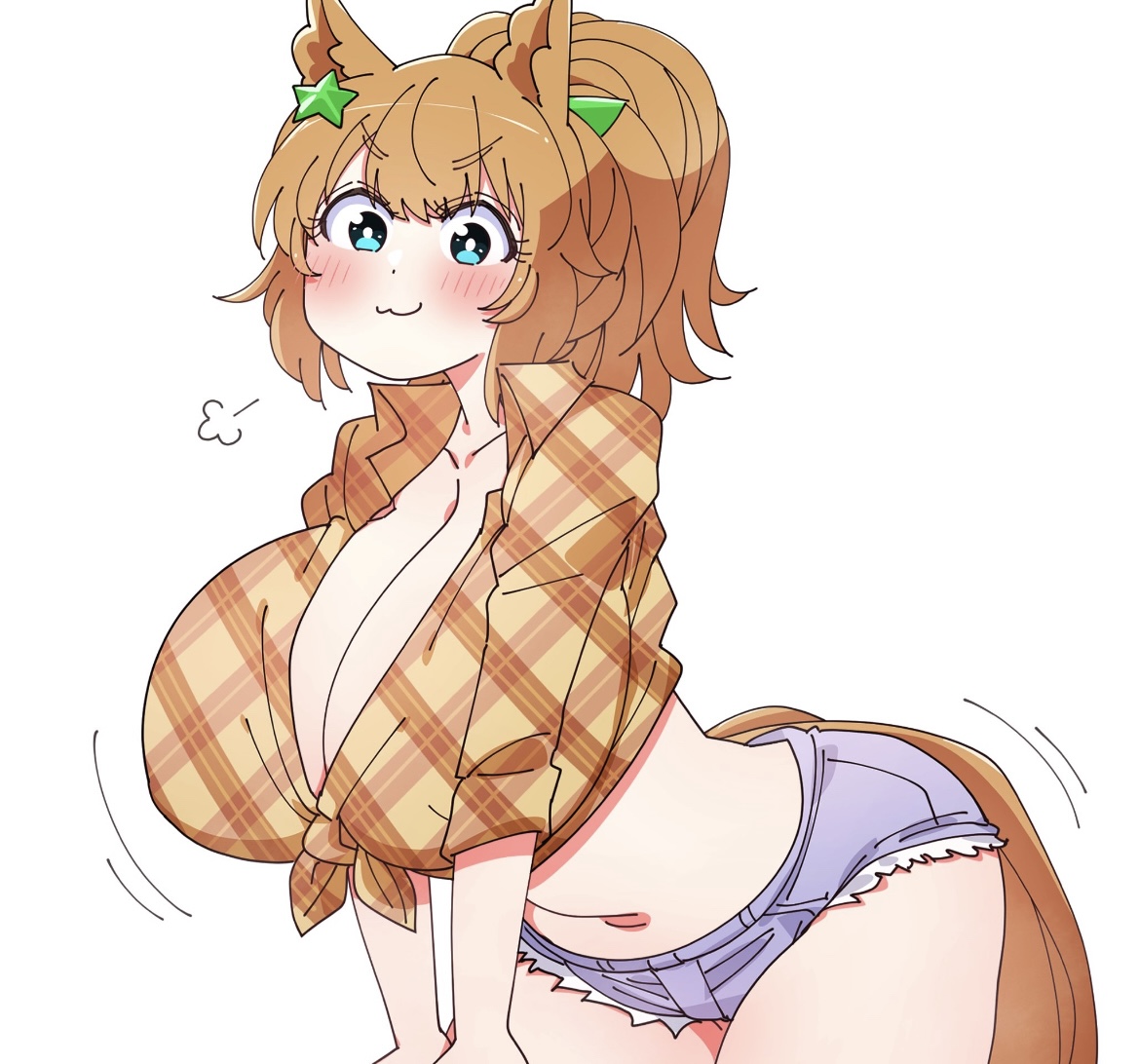 :3, belly, bent, bent over, big breasts, big thighs, blue eyes, blush, blushing at viewer, booty shorts, breasts bigger than head, busty, busty female, cleavage, cleavage overflow, curvy, curvy female, cute, cute face, female, female only, ginger hair, hips, horse, horse ears, horse girl, horse tail, hourglass figure, jean shorts, kaijin debeso, looking, looking at viewer, massive breasts, oppai, orange hair, pale skin, pale-skinned female, ponytail, revealing, revealing breasts, sexy, sexy body, shirt, skimpy, skimpy clothes, taiki shuttle (umamusume), thick thighs, thighs, tummy, umamusume, umamusume pretty derby