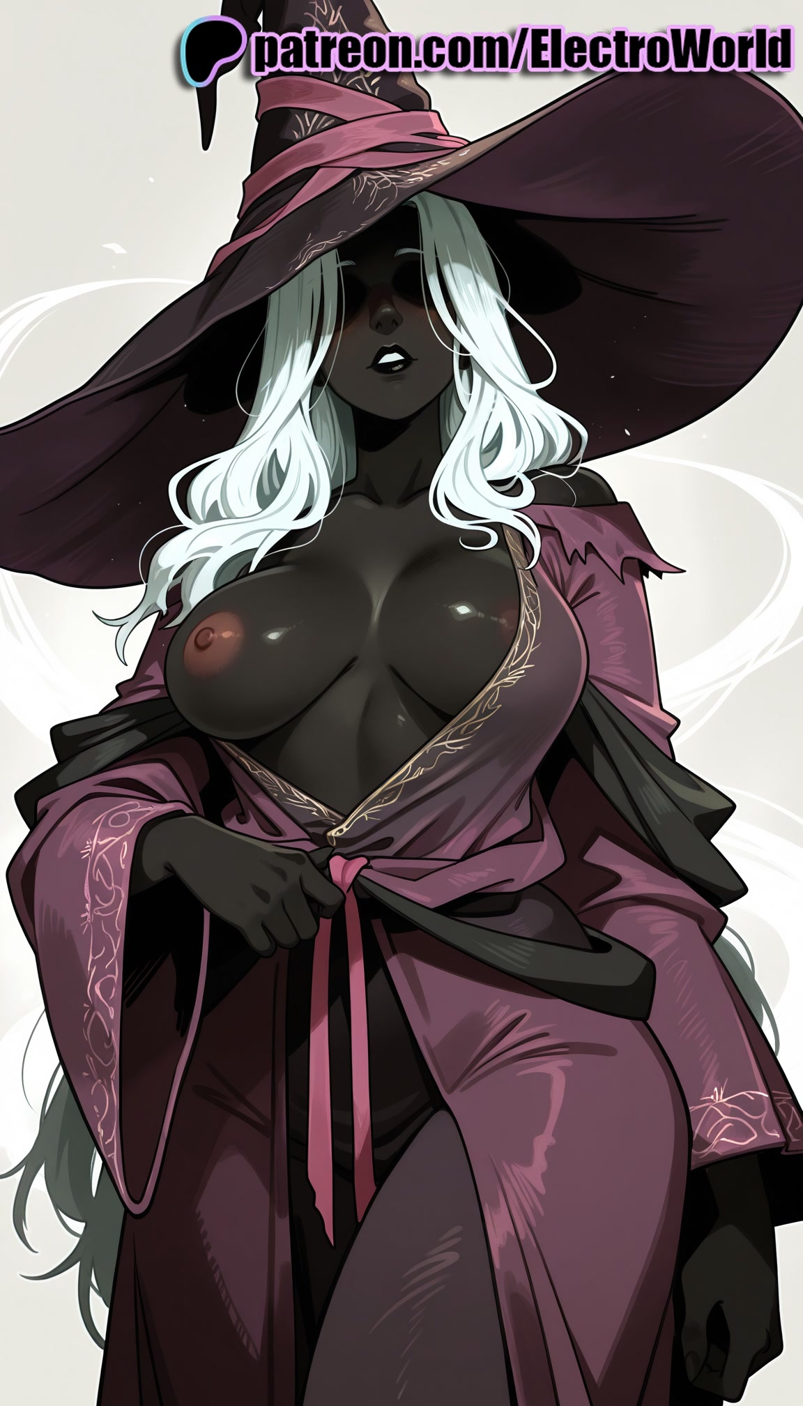 1girls, 2026, ai generated, artist name, breasts, bust, chest, dark skin, dark-skinned female, dress, elden ring, elden ring nightreign, electroworld, exposed nipples, female, hat, hi res, high quality, high resolution, highres, long hair, nipples, nipples outside, patreon, patreon username, recluse (nightreign), solo, stable diffusion, watermark, witch hat