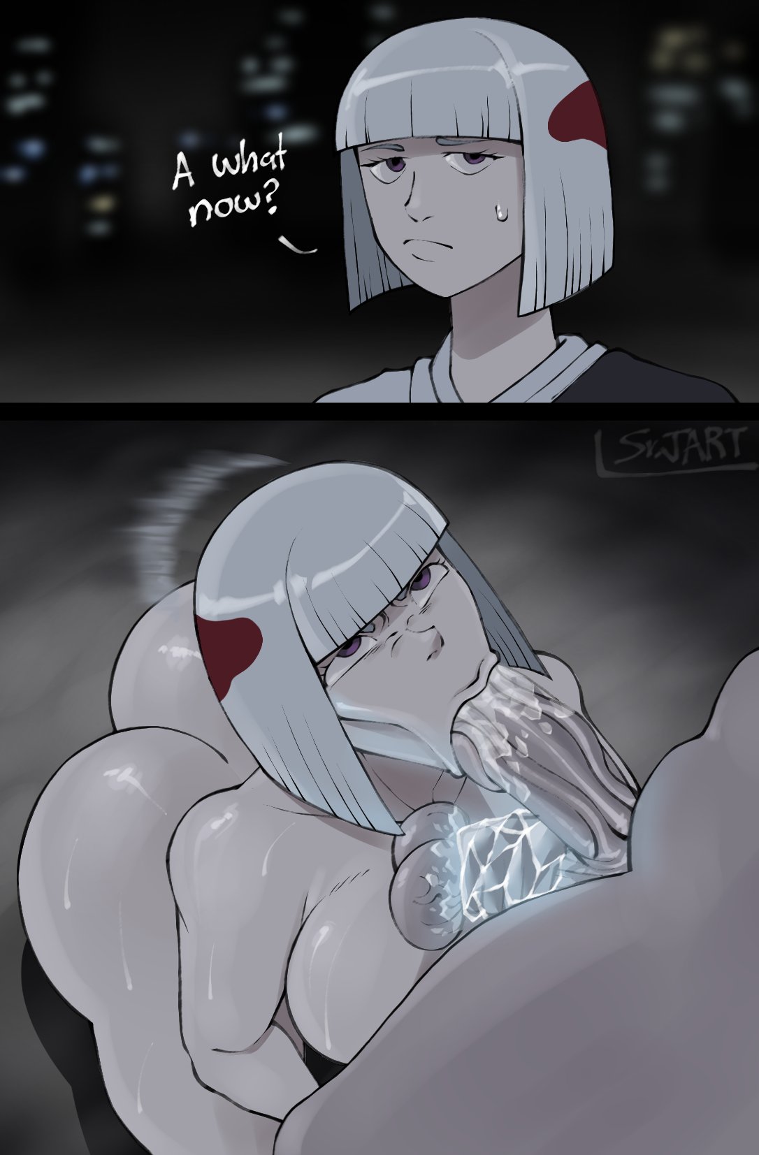 1boy, 1girls, 2 panel comic, 2d, 2d (artwork), angry sex, annoyed expression, ball grab, big ass, big balls, big breasts, big butt, big penis, blowjob, blowjob face, blowjob focus, breasts pressed against partner, bubble ass, bubble butt, confused look, deepthroat, dialogue, fat ass, fat cock, female, female focus, frozen balls, frozen solid, hourglass figure, hourglass figured female, ice, jujutsu kaisen, large breasts, looking at partner, male, male/female, nervous sweat, oral, oral sex, penis, pulling balls, short hair, squeezing balls, srjrgart, sucking, sucking penis, sweat, sweatdrop, sweaty body, thick thighs, thighhighs, uraume, veiny penis, wet, wet penis, white hair, wobbling ass